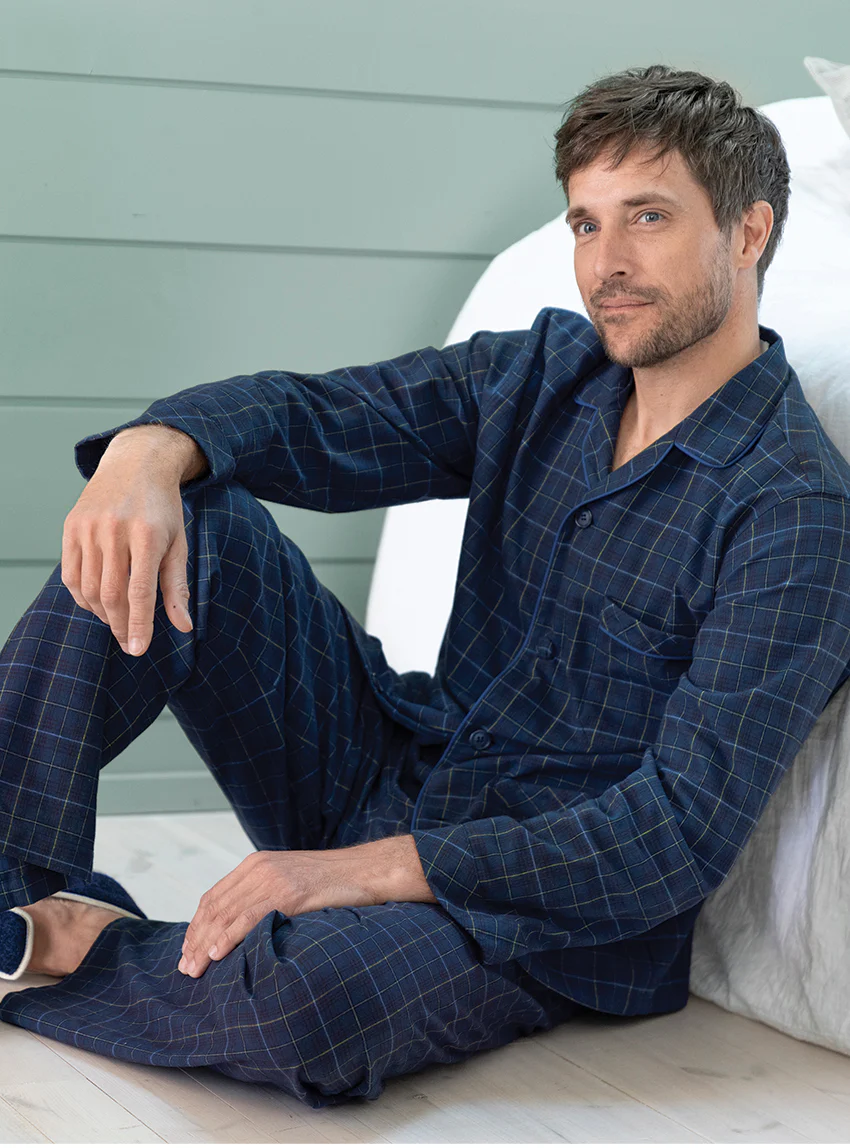 Pyjama chaud homme en coton carreaux bleu nuit