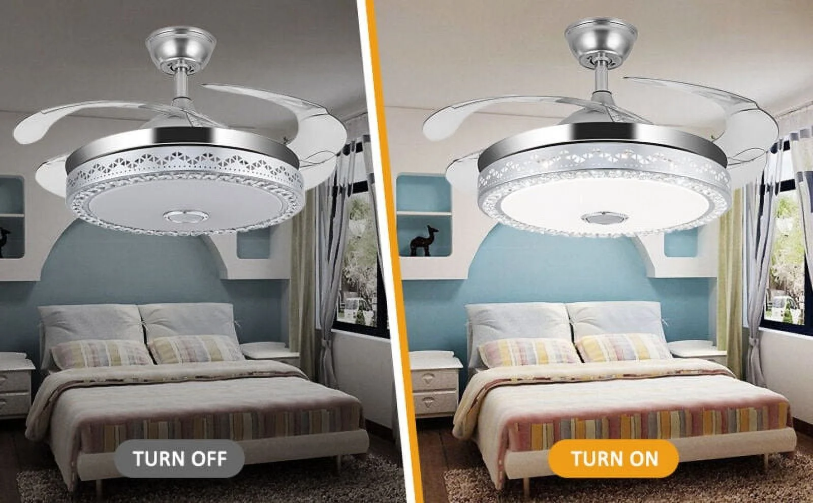 42"Invisible Chandelier Ceiling Fan with Light and Bluetooth Speaker,Modern 3 Color Change Crystal Ceiling Fan Light with Remote Control 4 Retractable ABS Blades