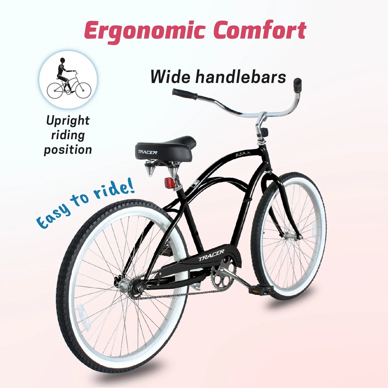 Tracer BORA Beach Cruiser Bike for Adult, 26 in Wheels, Featuring Steel Step Over or Step Through Hi Ten Steel Frame, 1 Speed with Coaster Brake, Hybrid Bike, Black Color