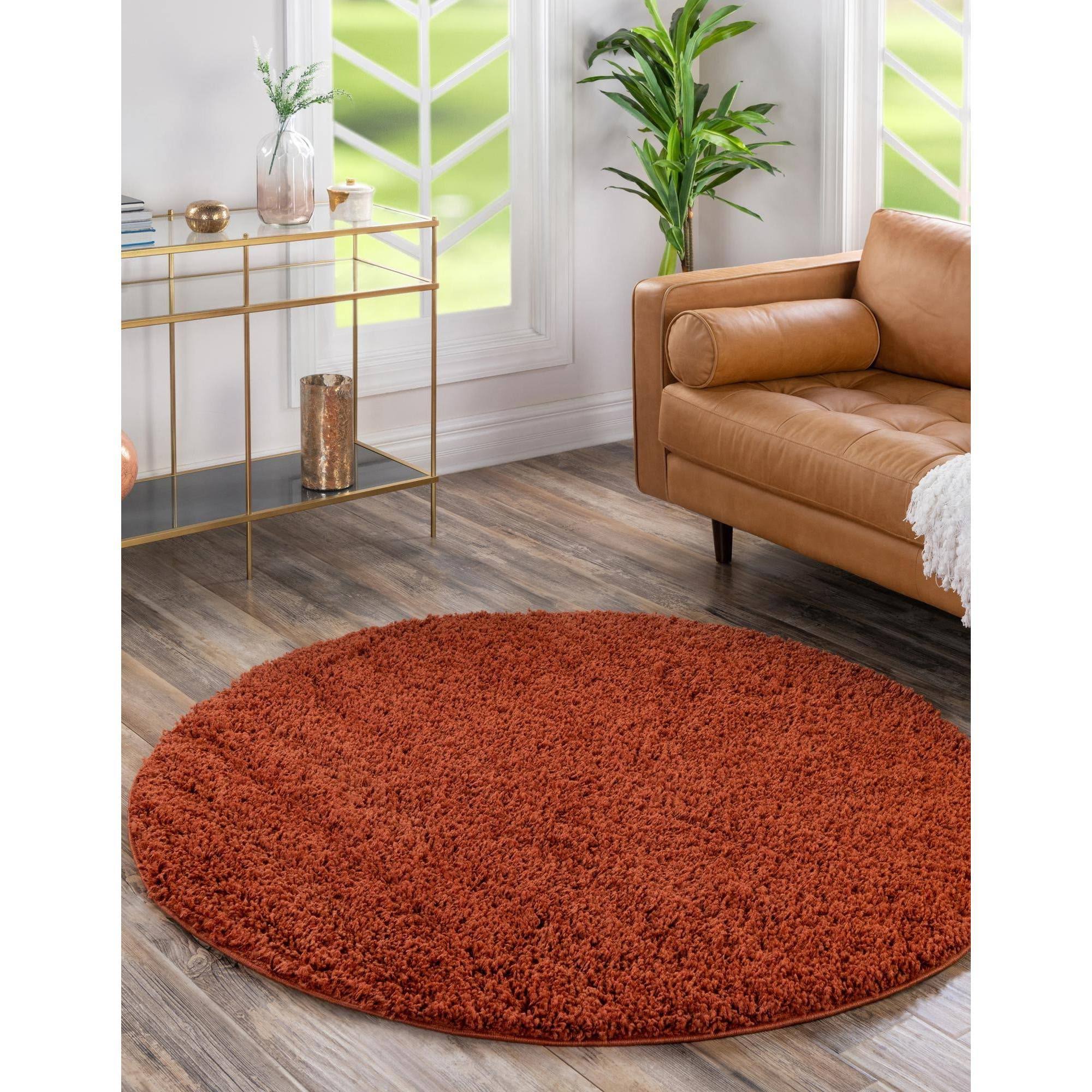 Unique Loom Solid Shag Terracotta 5 ft Round Area Rug