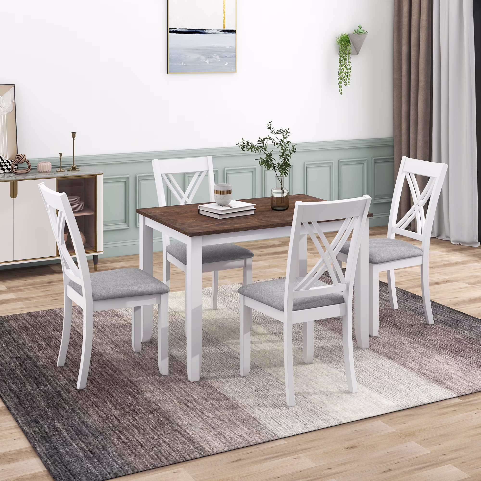 Solid Wood Kitchen Table and Chairs, Dining Room Table Set for 4 with Gray Upholstered Chairs, Wood Grain Table Heavy-Duty Frame, Rustic Minimalist Style Breakfast Nook Set(Brown#02)