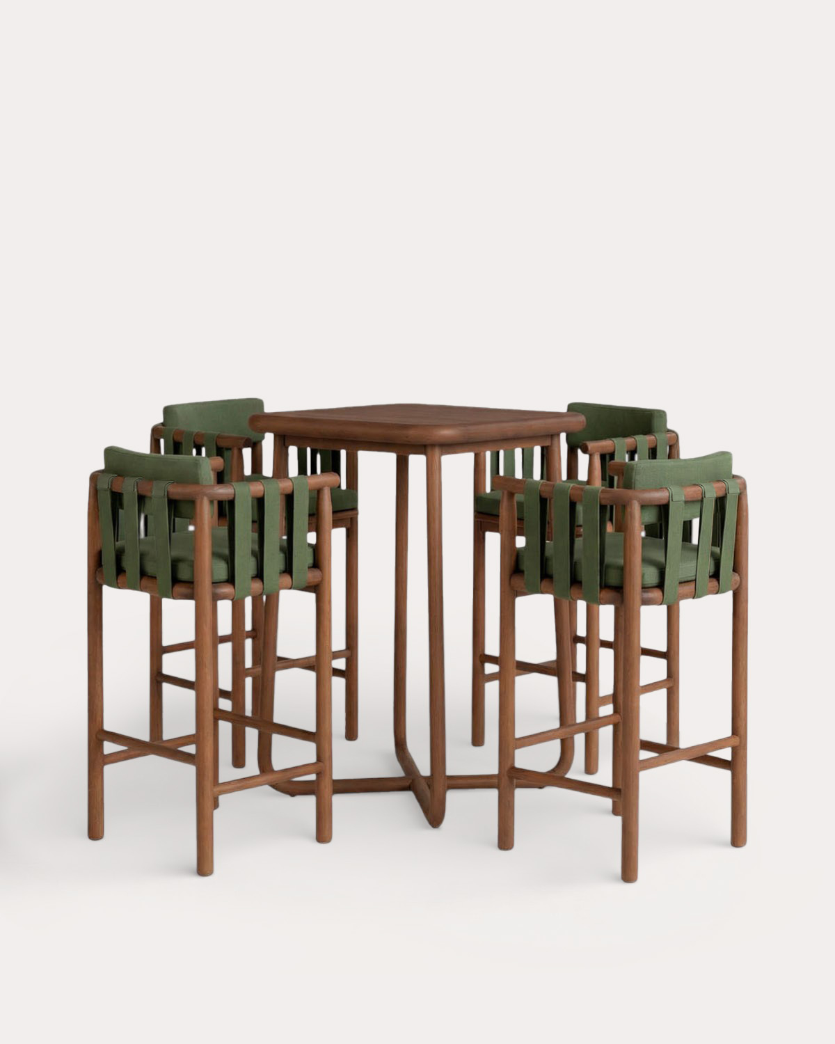 Edvard - Set de Mesa Alta (70x70 cm) y 4 Taburetes Altos de Madera de Eucalipto y Tela de Exterior Edvard