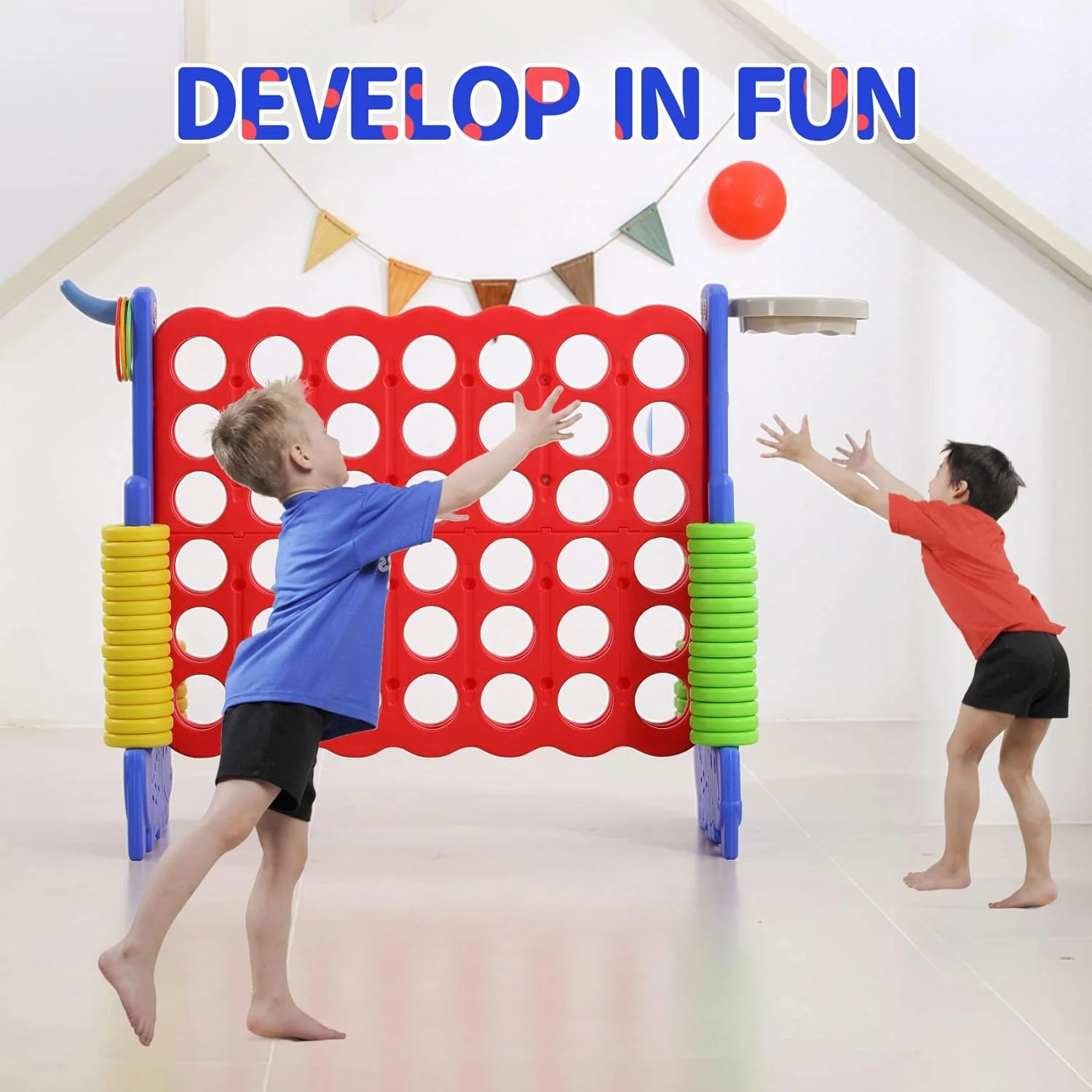 Giant 3-in-1 4-in-a-Row Game Set with Basketball Hoop, Ring Toss and Carry Bag