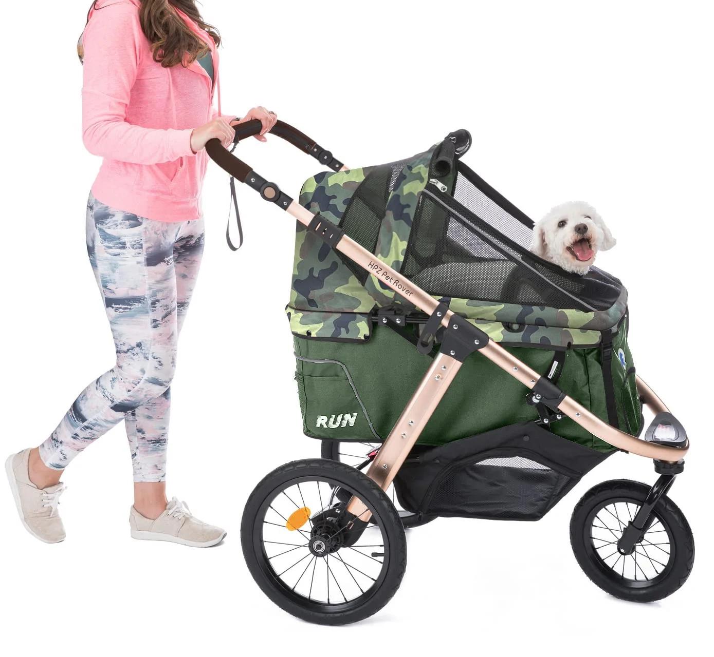 Poussette de sport pour jogging avec roues en caoutchouc confortables/Ouverture sans fermeture éclair/Pliage rapide à une main/Cadre en aluminium pour chiens, chats et animaux de compagnie de petite et moyenne taille (Camouflage vert)
