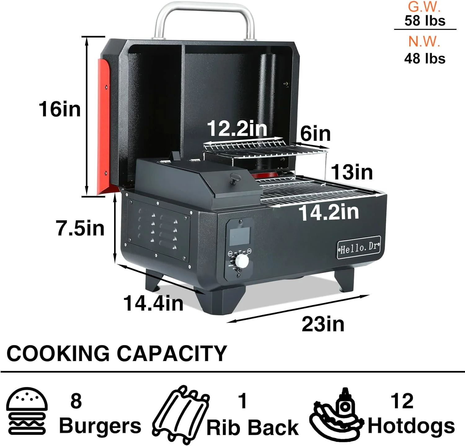Barbecue et fumoir portable à granulés de bois, gril électrique 8 en 1 pour l'extérieur, idéal pour le camping, les pique-niques et les barbecues en camping-car. Contrôle intelligent de la température et technologie de vapeur surchauffée.