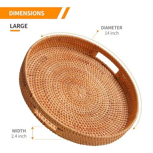 – Round Rattan Tray Natural Rustic & Sturdy Wicker Tray With Cut-Out Handles - Hand Woven Tray For Storage & Decoration –Lightweight Tray For