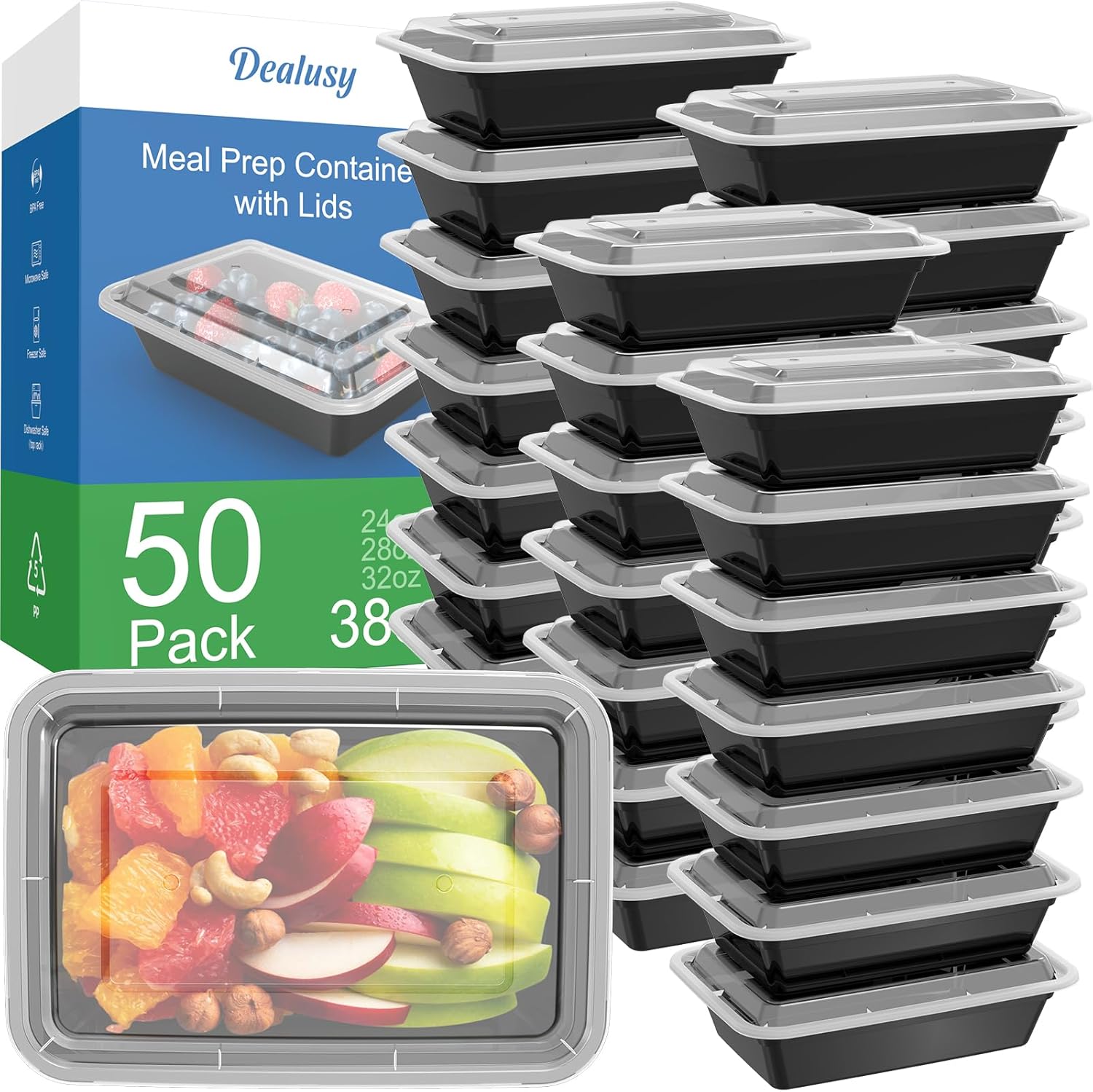 Dealusy 50 Pack (100-Piece) 24 oz Reusable Meal Prep Containers with Lids