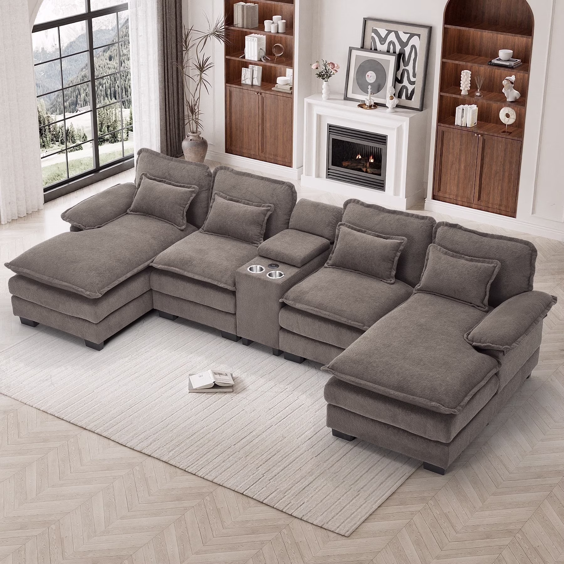 U Shaped Cloud Couch Modular Sectional Sofa 124" Extra Deep Fluffy Chenille Double Chaise Lounge, Central Console w/ Dual USB-C A Ports, Storm Gray(Grey) - Image 9