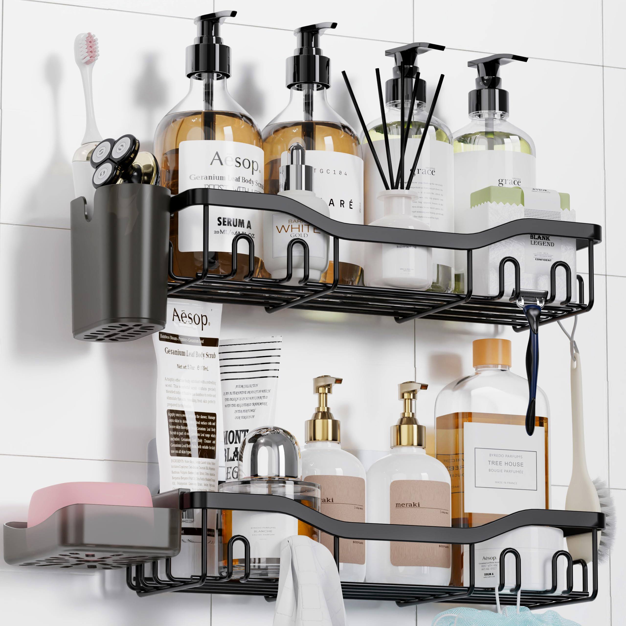 NESOMI Shower Caddy Adhesive Shower Shelves, Bathroom Organizer Shower Organizer Rack Black, Wall Shelf for Inside Shower Storage with Soap Holder