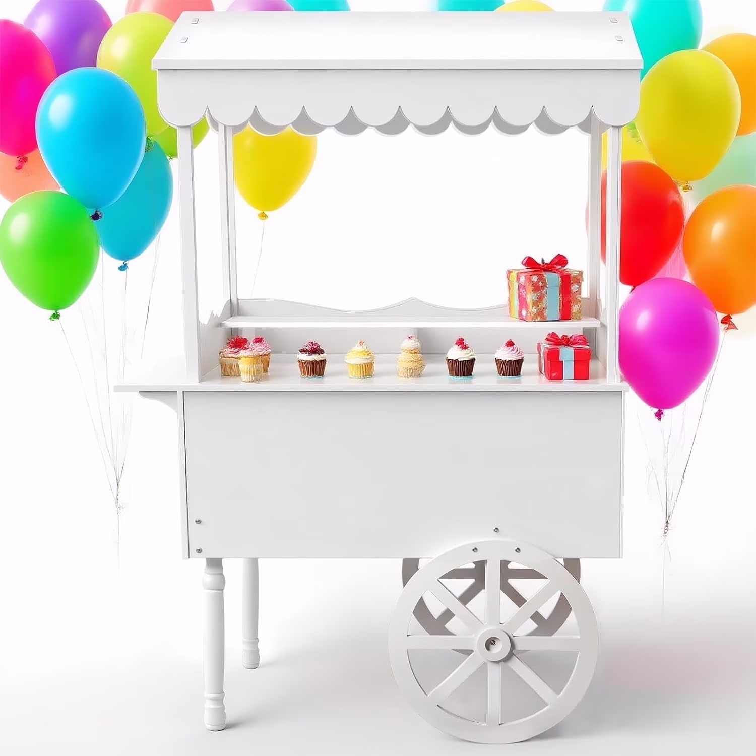 72in Candy Cart Display Stand with Decorated Wheels 100 Balloons Easy Install Vintage Dessert Cart for Parties Birthdays Weddings White(White)