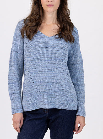 Pull femme décoleté dos bleu mer
