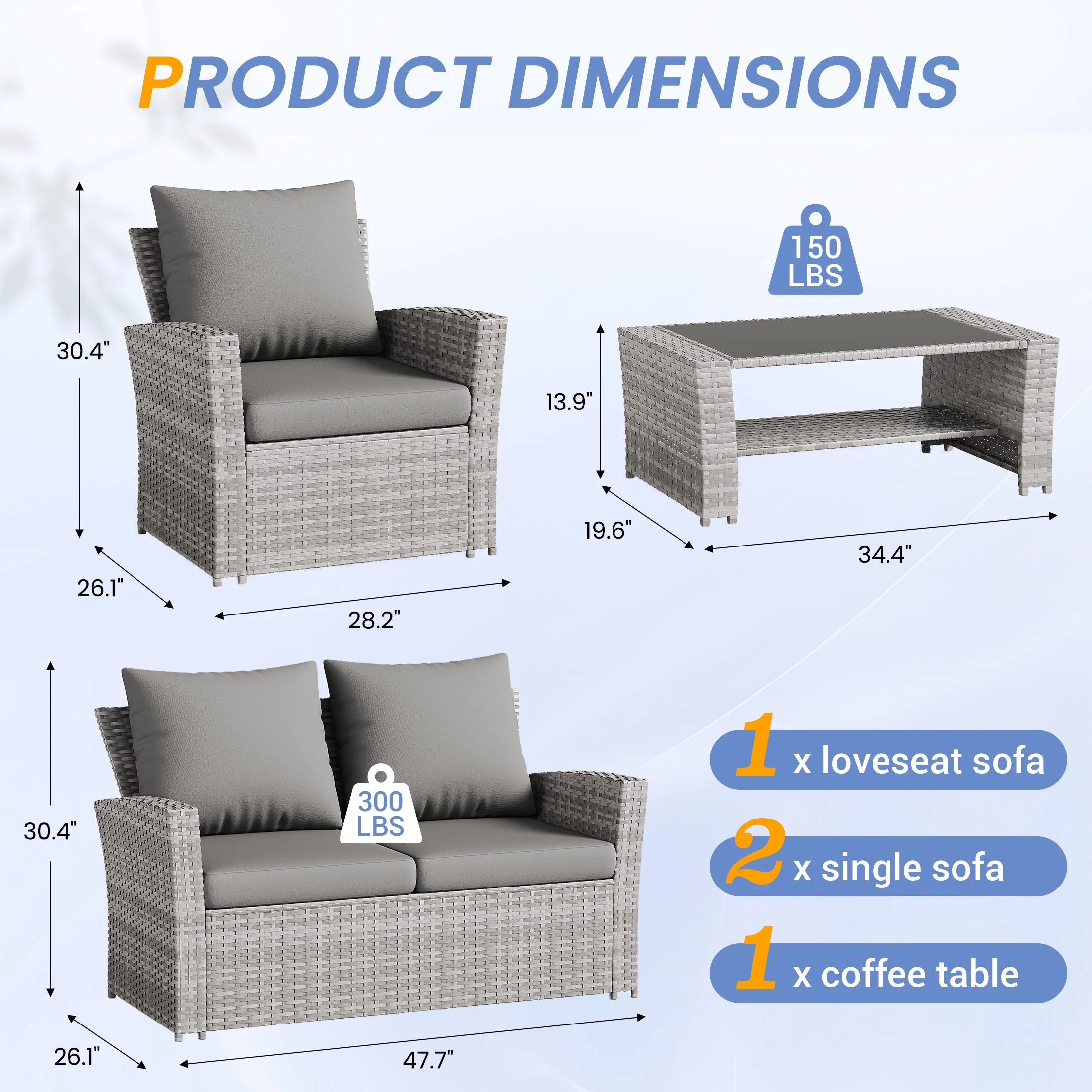 Wicker Patio Furniture Set, 4 Piece Outdoor Sectional Conversation Sets, Gray PE Rattan Patio Sofa Set for Balcony, Porch, Backyard, Grey(Gray) - Image 10