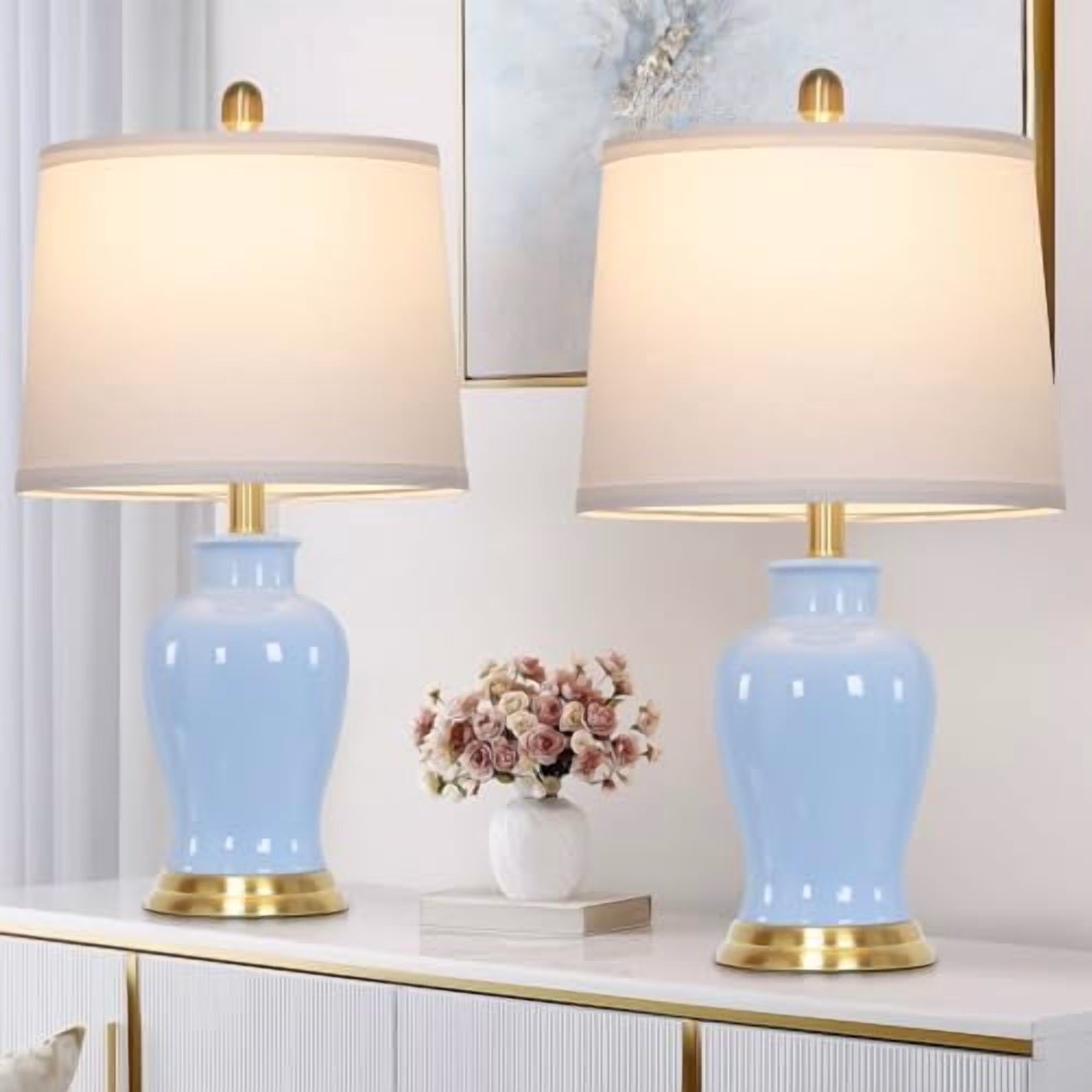 Modern Ceramic Table Lamps Set of 2, 23" White Ceramic Lamps for Living Room, Rustic Farmhouse Bedside Lamp with Ginger Jar Design, Elegant Bedroom Lamp for Nightstand Desk Side End Table Home Decor(Pink-Flower Lampshade) - Image 3