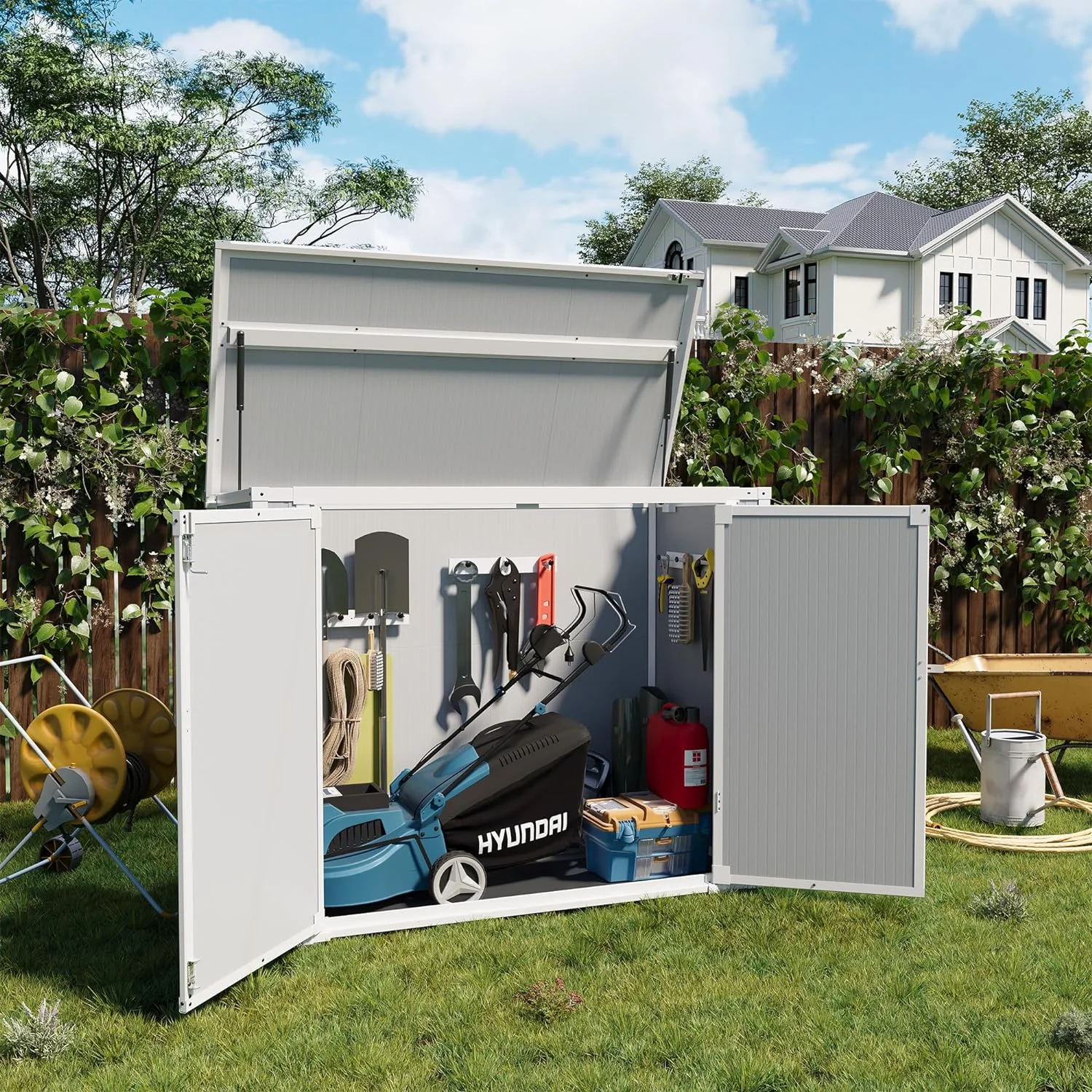 Shed and Outdoor Storage, 41 Cu.Ft Small Outdoor Resin Shed with 3 Doors Floor, 306GAL Deck Box Waterproof Plastic Tool Storage Shed for Cushion Lawn Mower Garbage Cans(Gray) - Image 10