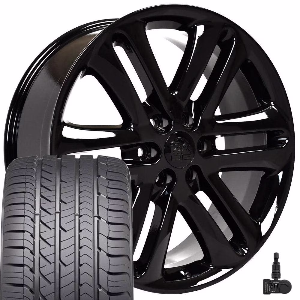 22x9.5 Wheels Fits GMC Chevy Trucks Silverado DD CV98 Chrome w/Black Tires, Lugs, TPMS SET