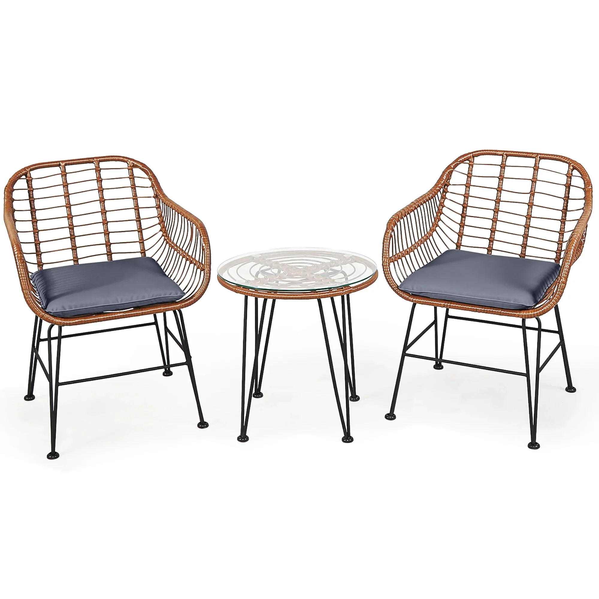 Costway 3PCS Patio Rattan Bistro Set Coffee Table Armchair Garden Red Cushion