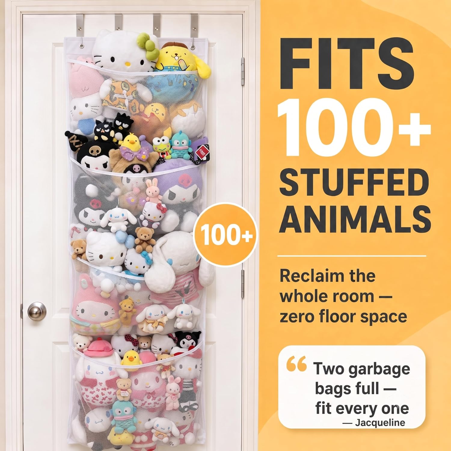 Honeyera The Original Stuffed Animal Storage (Patented) - Over Door Organizer for Stuffies, Baby Ideas Holder, Toy Plush Hammock Hanging Net for Big Girls Toddler Large Bag Animals Stuffy Behind
