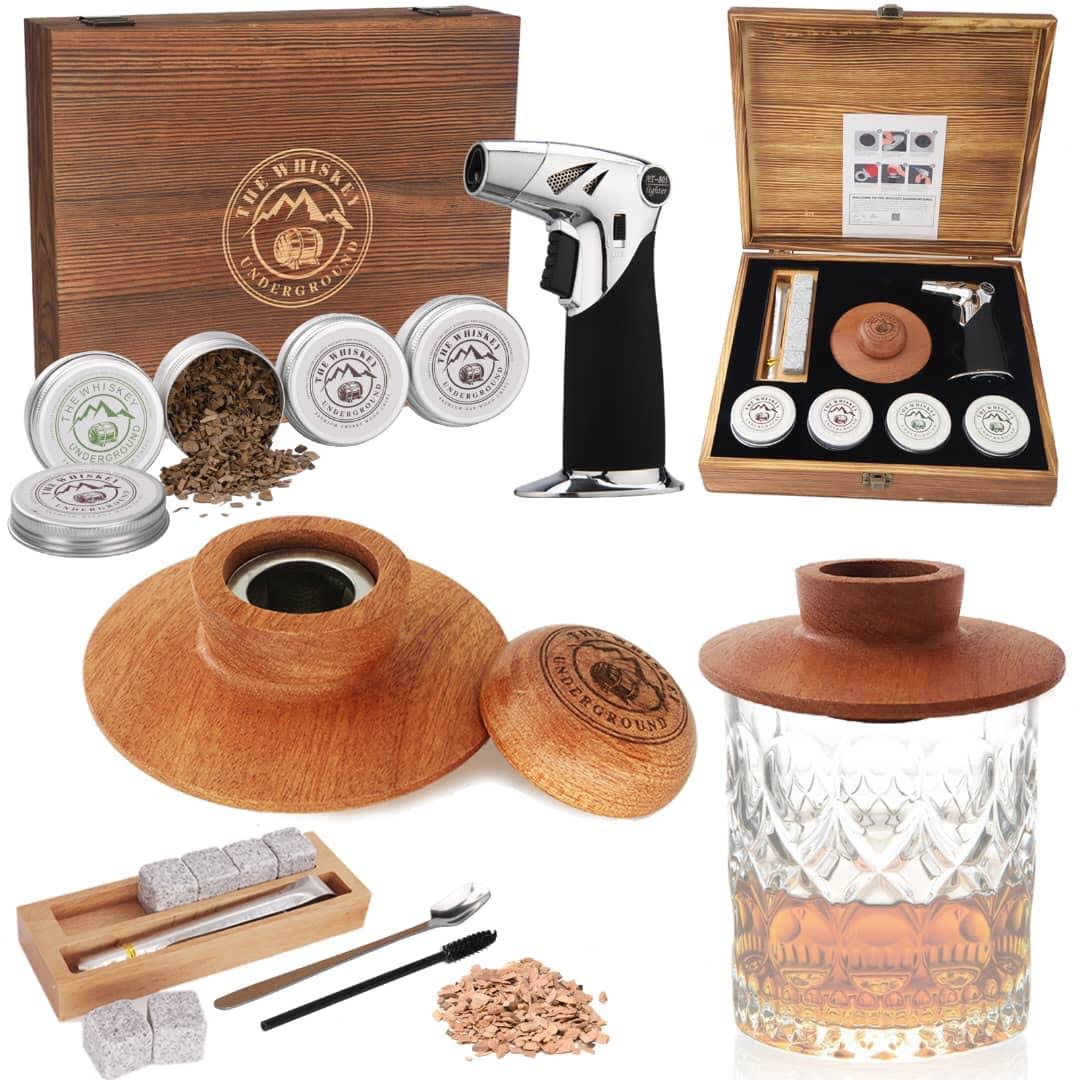 The Whiskey Underground Bourbon, Whiskey Smoker Kit - Cocktail Smoking Kit with Butane Torch, Smoke Top, Whiskey Stones - Apple, Cherry, Oak, Walnut