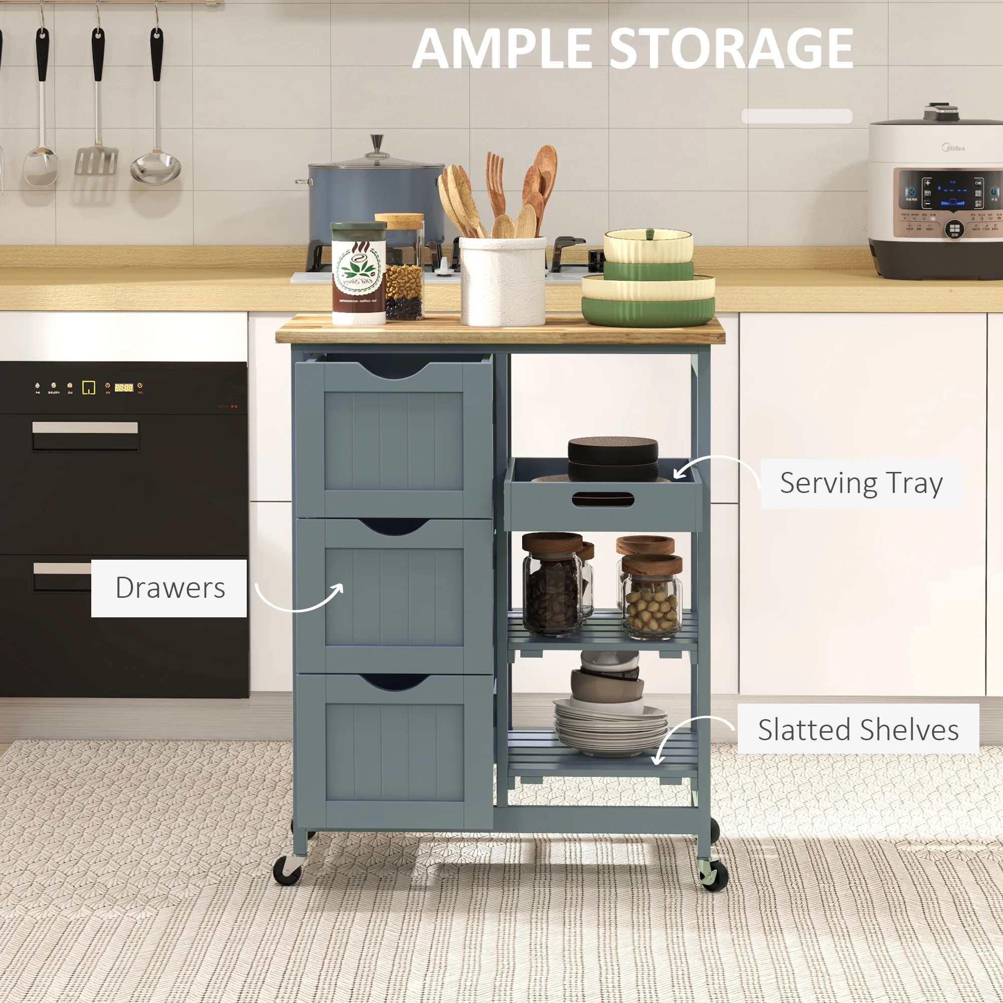 Wood Top Kitchen Island with Shelves and Drawers and Wheels, Rolling Bar Serving Cart for Home, Kithen, Bar, Dining Room, Light Blue(Light Blue) - Image 6