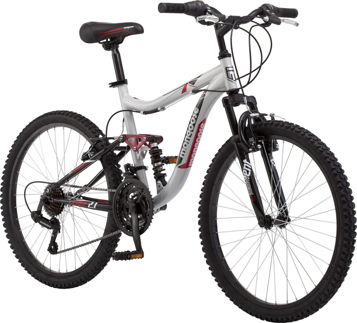 Mongoose Ledge 2.1 Mountain Bike. 24 - Inch Wheels. 21 Speeds. Boys Frame. Silver/Red