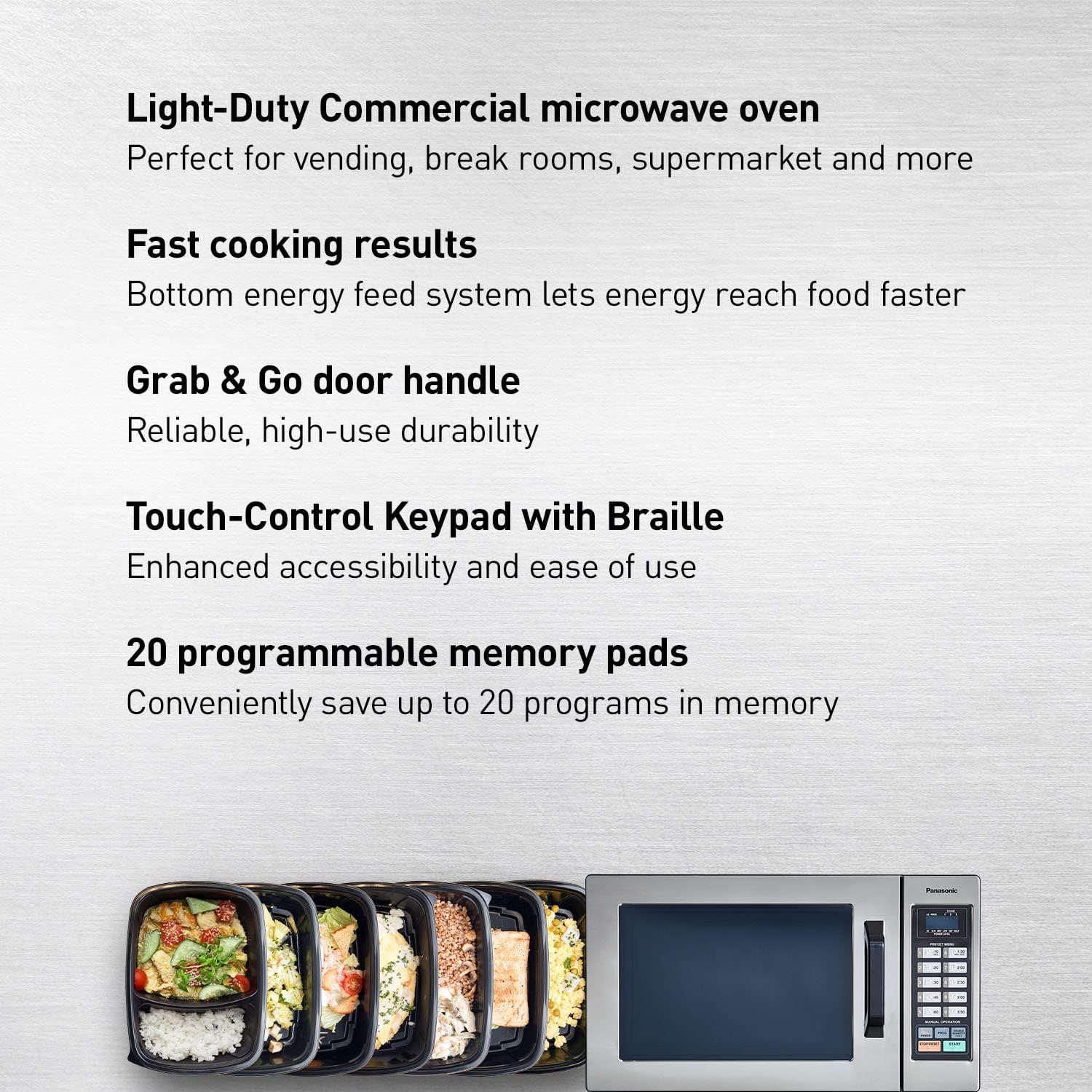 Panasonic NE-1054F Compact Light-Duty Countertop Commercial Microwave Oven with 10 Programmable Memory and Touch Screen Control, Countertop Microwave Oven, 1000W, 0.8 CuFt, Stainless Steel