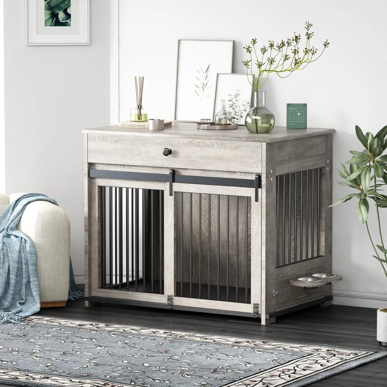 White Wooden Dog Cage Furniture with Rotating Bowl & Drawer For Medium Large Dogs