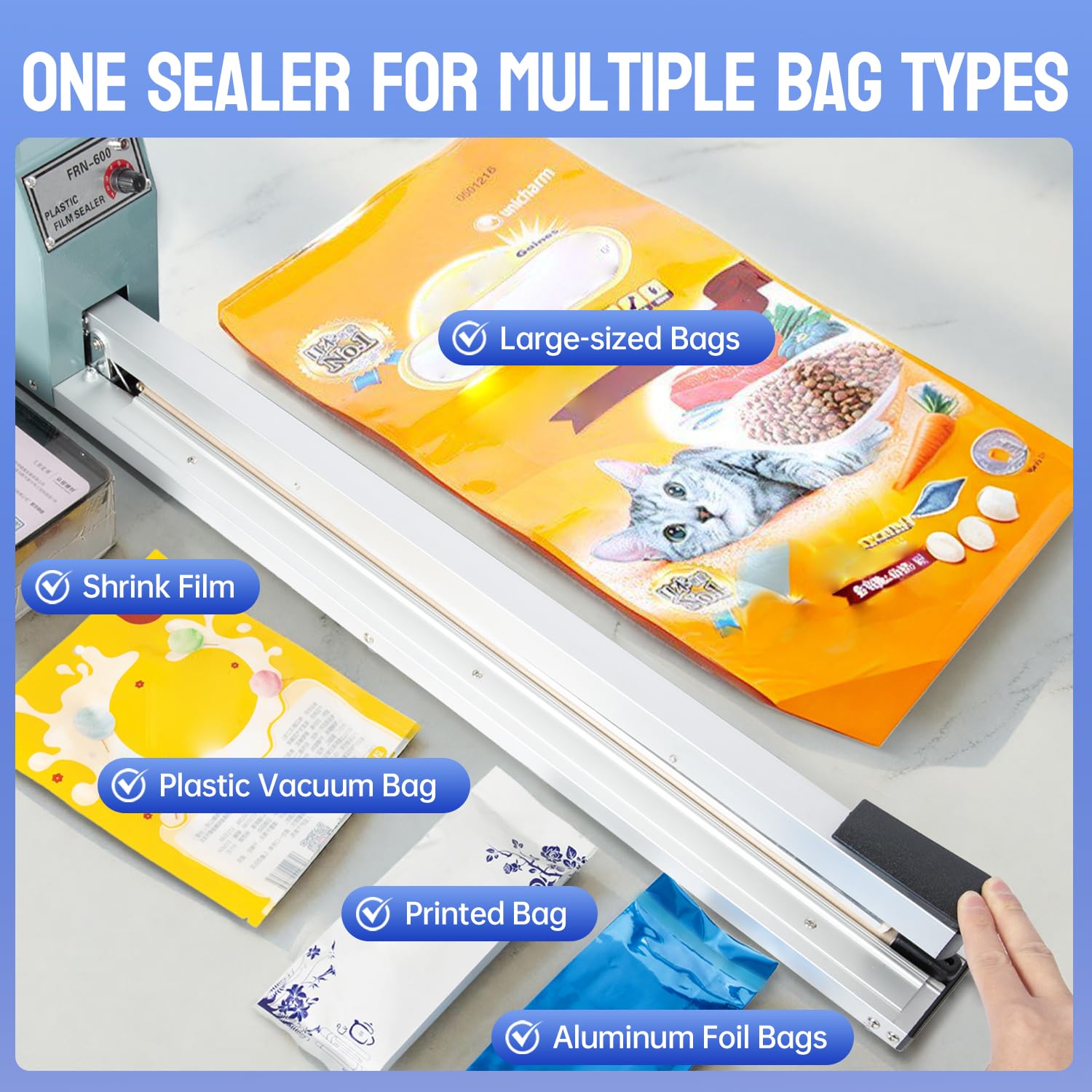 Impulse Heat Sealer with Seal bar, Heavy-Duty Bag Sealing & Cutting Machine, 4 Extra Replacements (white, 24inch)