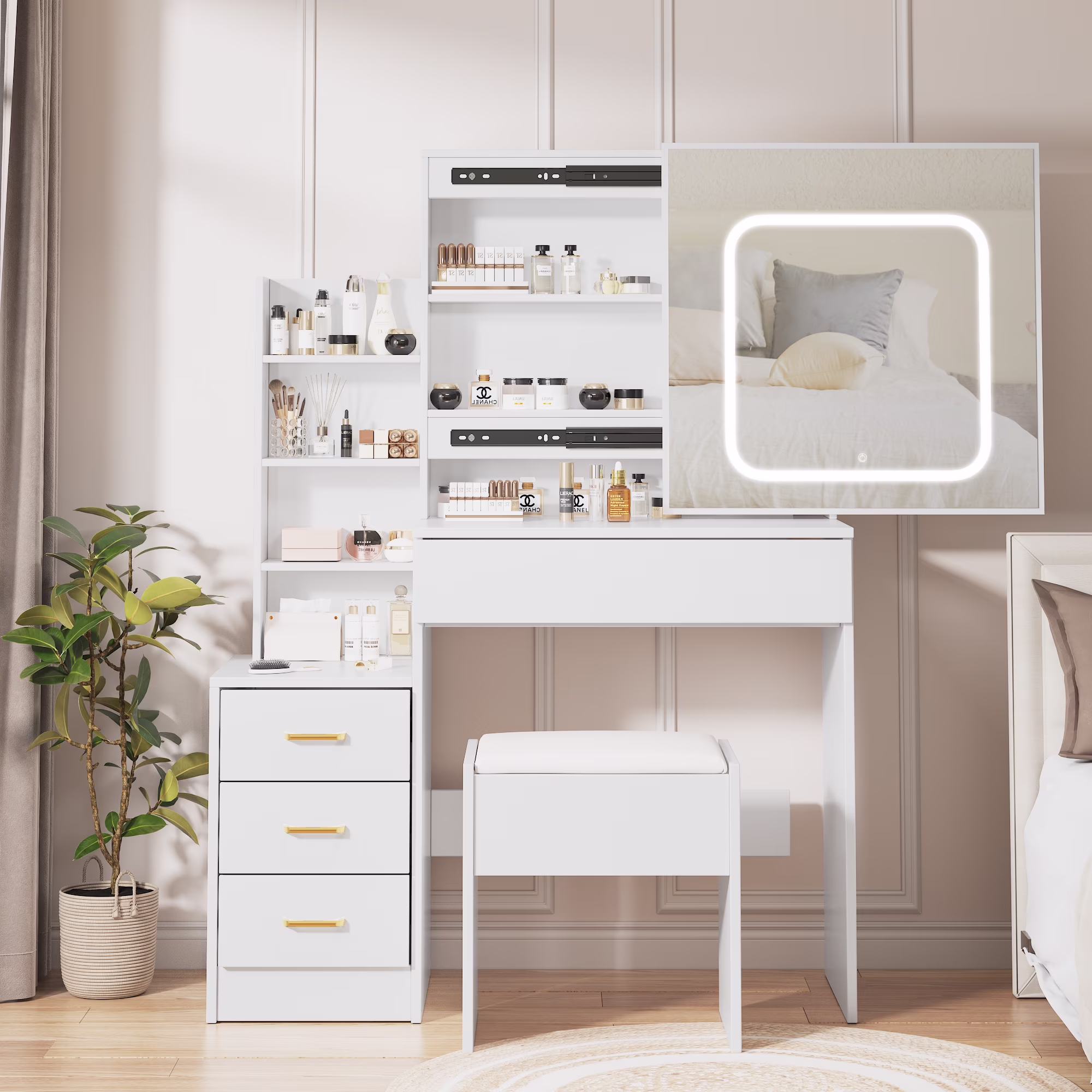 Vanity Desk with Sliding Mirror and Lights, Makeup Vanity Set with 4 Drawers, Stool, Power Outlet, Open Shelves, 3 Color Adjustable Lighting Modes, Makeup Dressing Table for Bedroom, White(White)