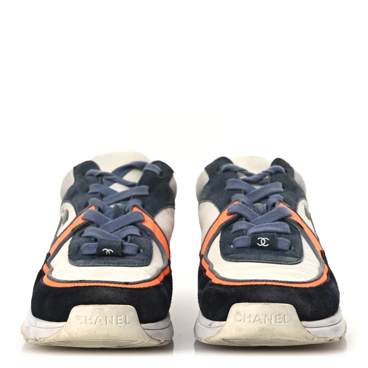 Nylon Calfskin Suede CC Womens Sneakers 35.5 Navy White Orange Black