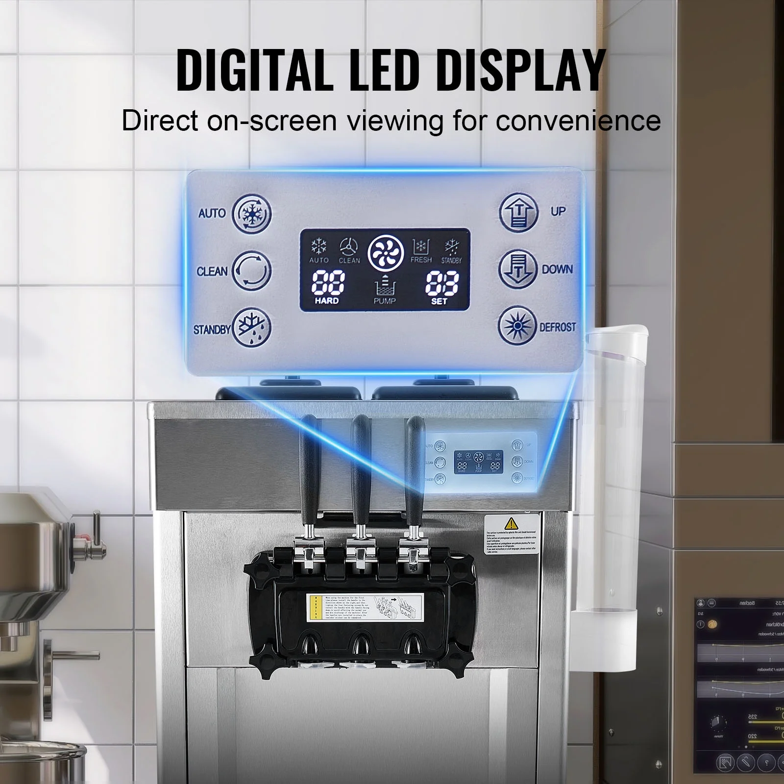 Commercial Soft Ice Cream Machine 21-31 L/H Output 3-Flavor LED Display Auto Clean 4.3L/1.1GAL Hopper,1.7L/0.45gal Cylinder - Image 6