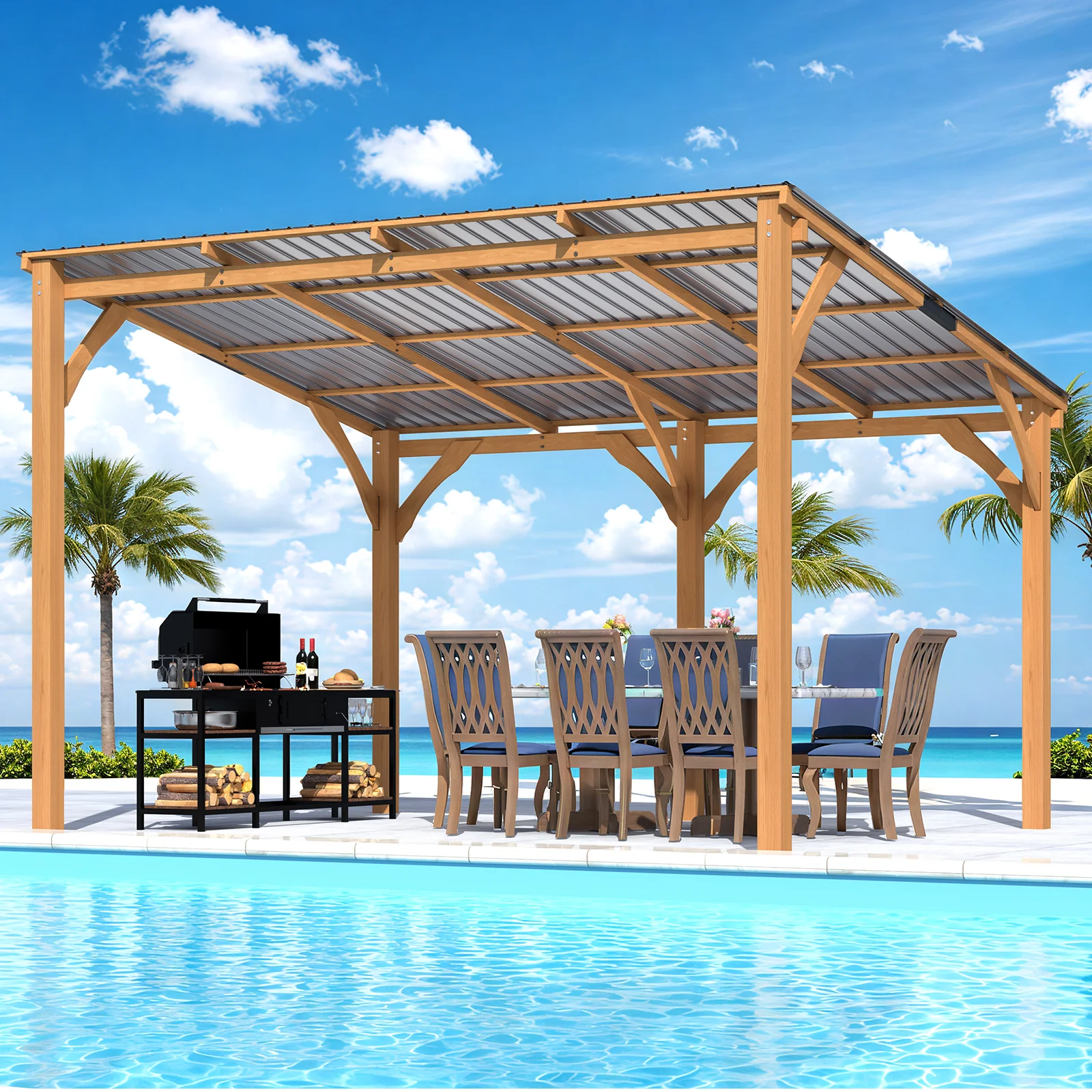 AECOJOY 12' x 10' Outdoor Wooden Gazebo, Patio Lean to Hardtop Pergolas and Gazebos