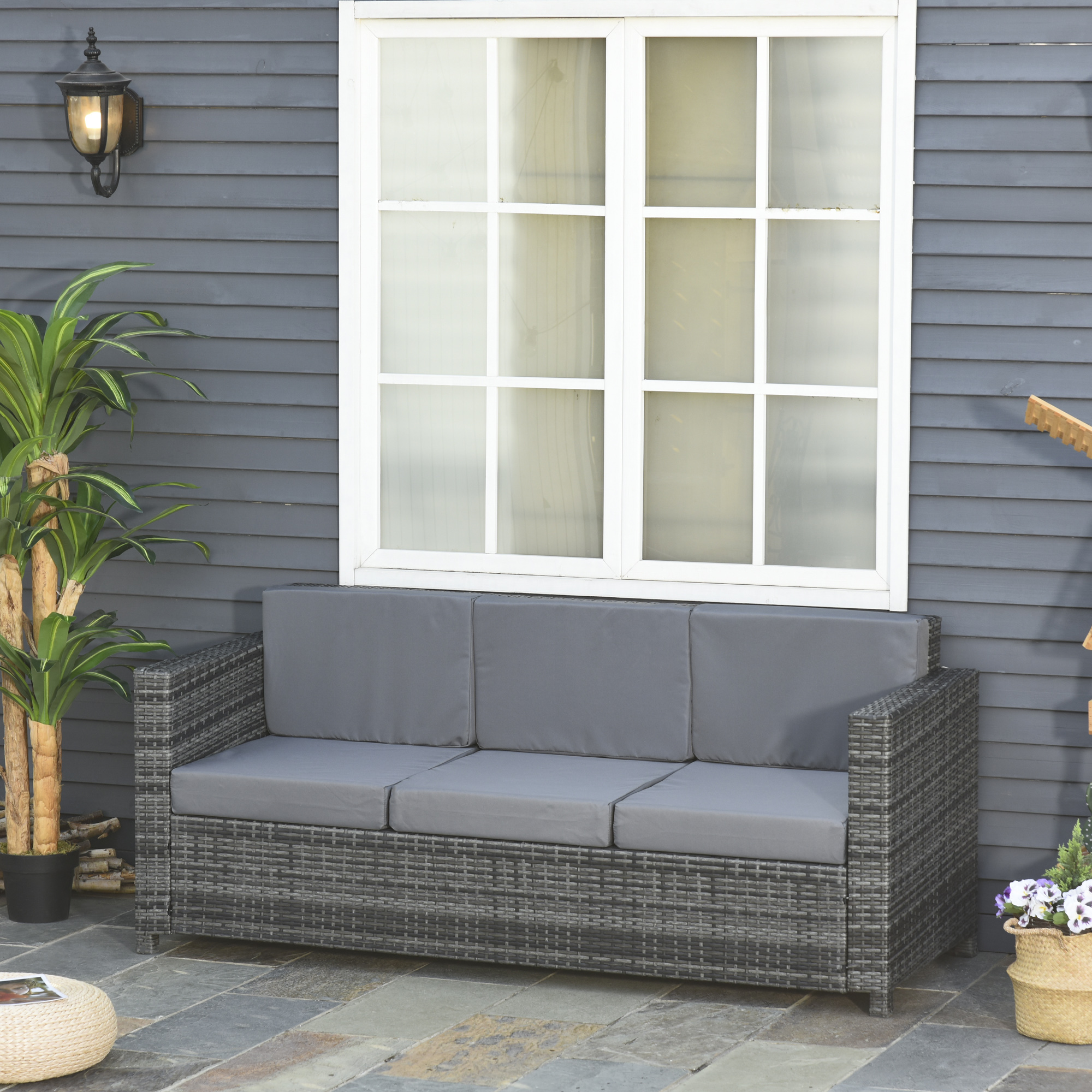 Outsunny Poly-rotan bank met kussens 3-zits loungebank tuin metaal polyester grijs
