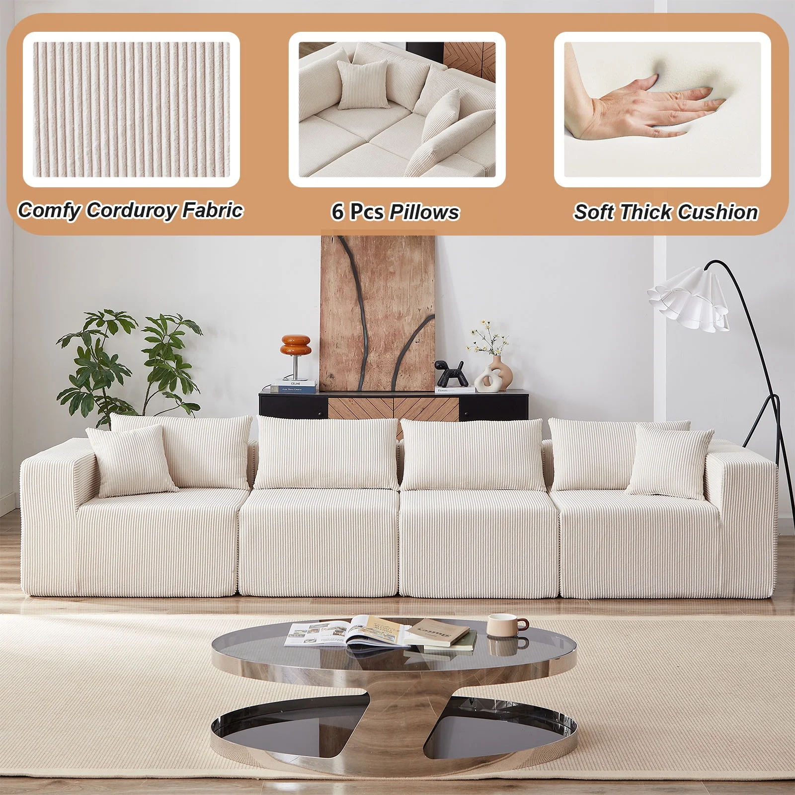 104-Inch Corduroy Modular L Shaped Sectional Sofa,Luxury Floor Couch Set,Upholstered Indoor Furniture,Foam-Filled Compressed Sofa for Living Room,Bedroom,4 PC Free Combination ?(Beige + Corduroy) - Image 4