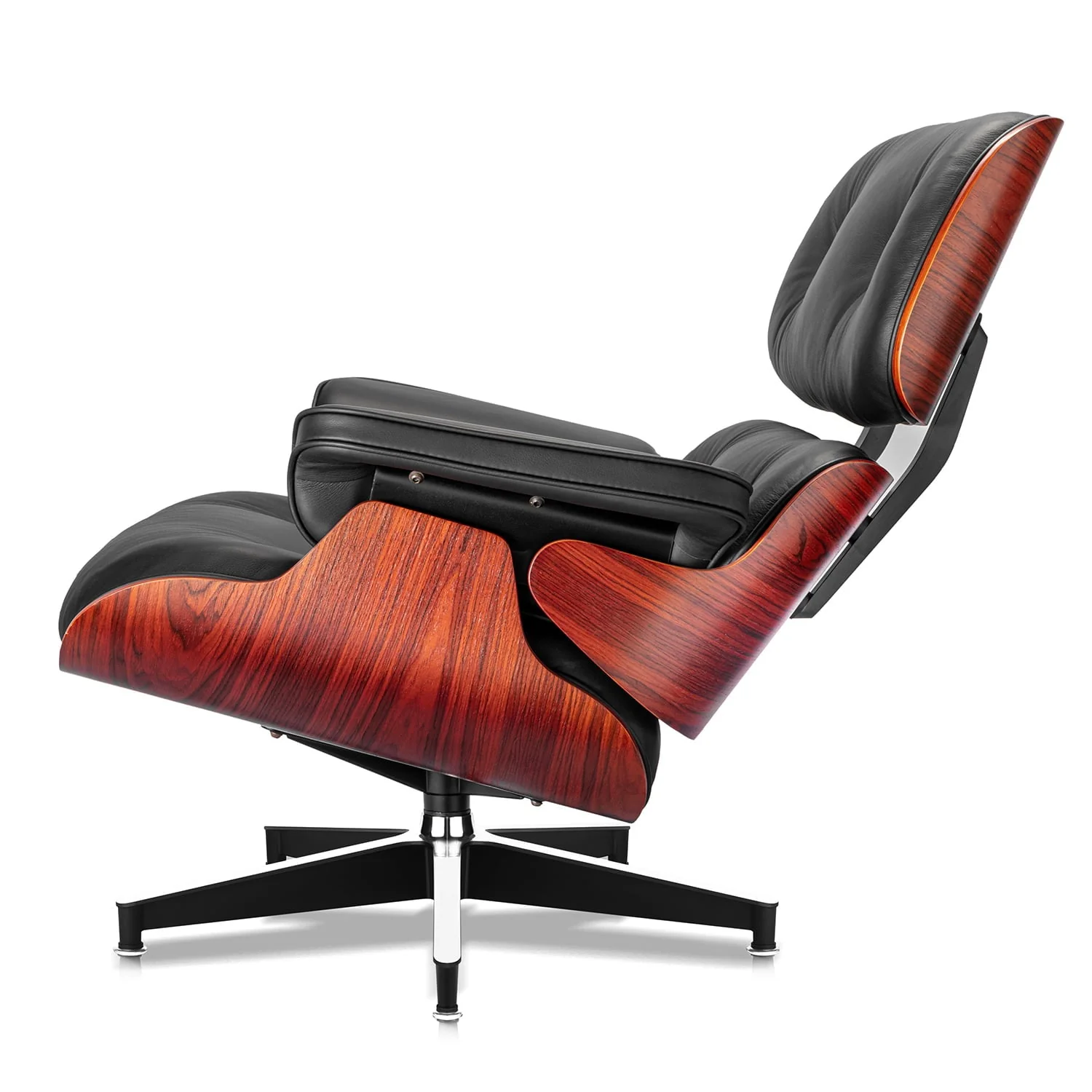 Mid Century Accent Chair and Ottoman Reclining Lounge Chair Upholstered Modern Armchair W/Dark Roséwood Frame, Metal Legs, Black