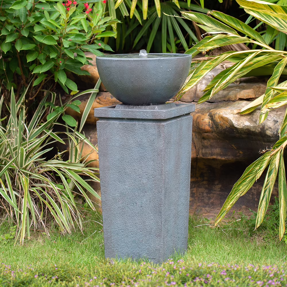 CoSoTower 35.5 Polyresin Gray Zen Bowl Water Fountain, Outdoor Bird Feeder /Bath Fountains, Relaxing Water Feature for Garden Lawn Backyard Porch