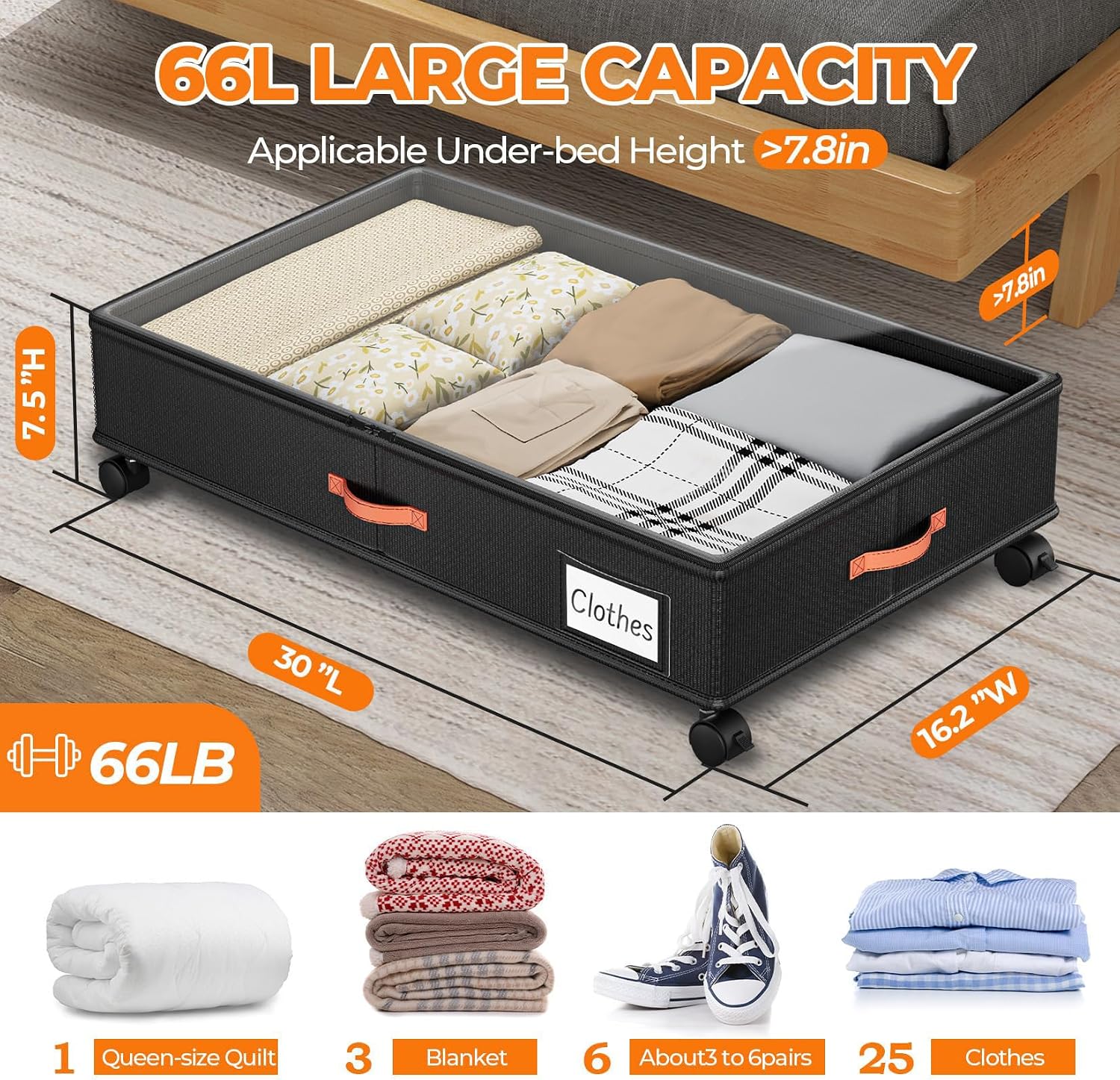 Under Bed Storage with Wheels, 2-Pack Under Bed Storage Containers with Clear Lids, XXL Large Under the Bed Storage Organizer Bins with Handles, Space-Saving Design for Clothes, Shoes, Books - Black