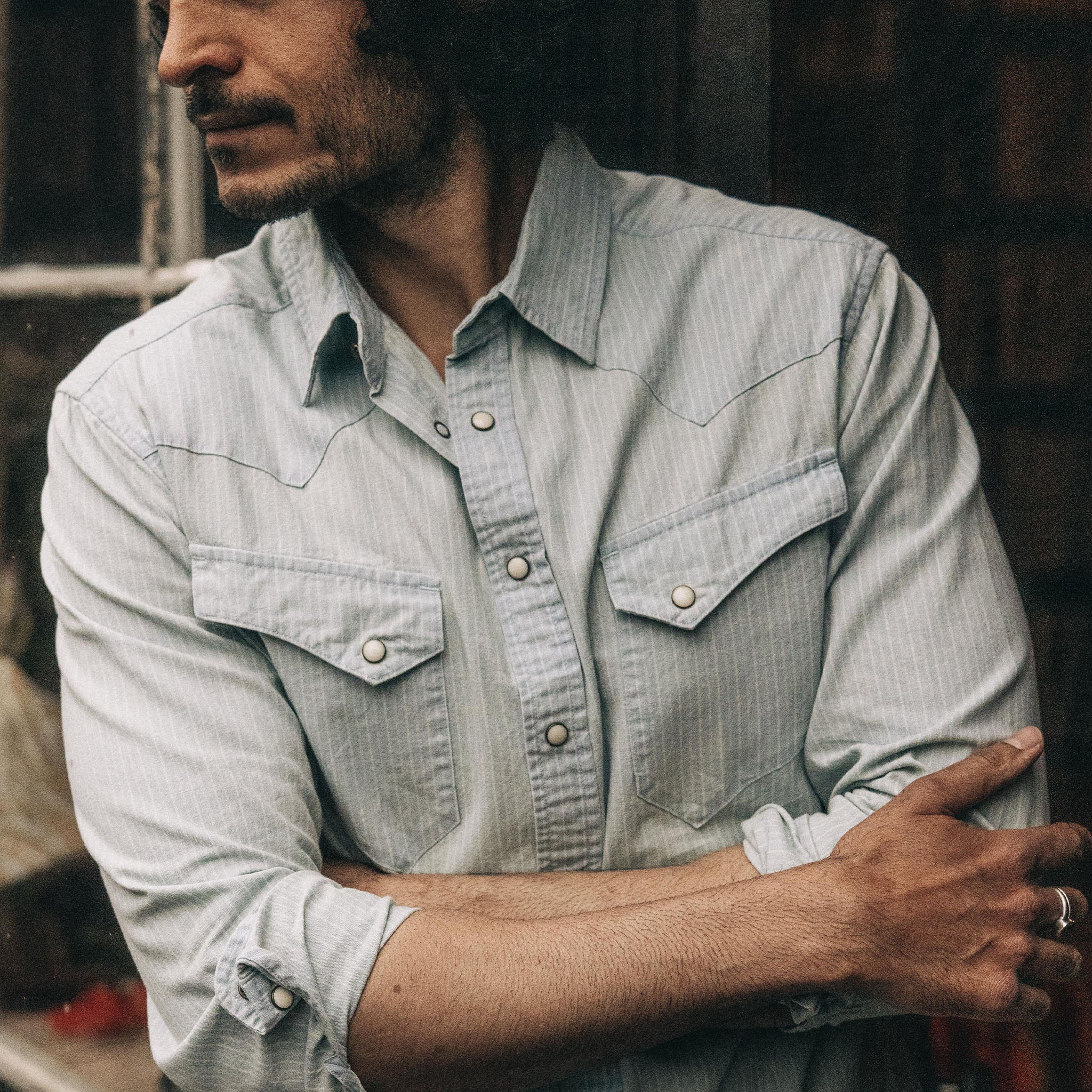 Chemise western à rayures indigo délavées