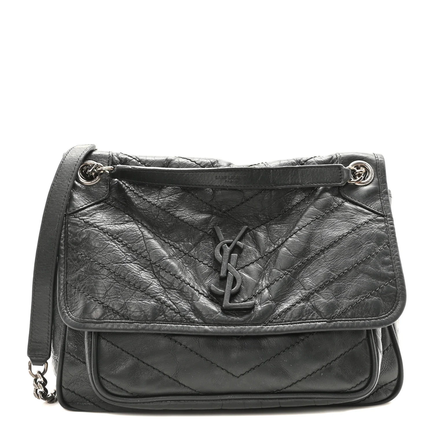 Crinkled Calfskin Matelasse Monogram Medium Niki Chain Satchel Storm