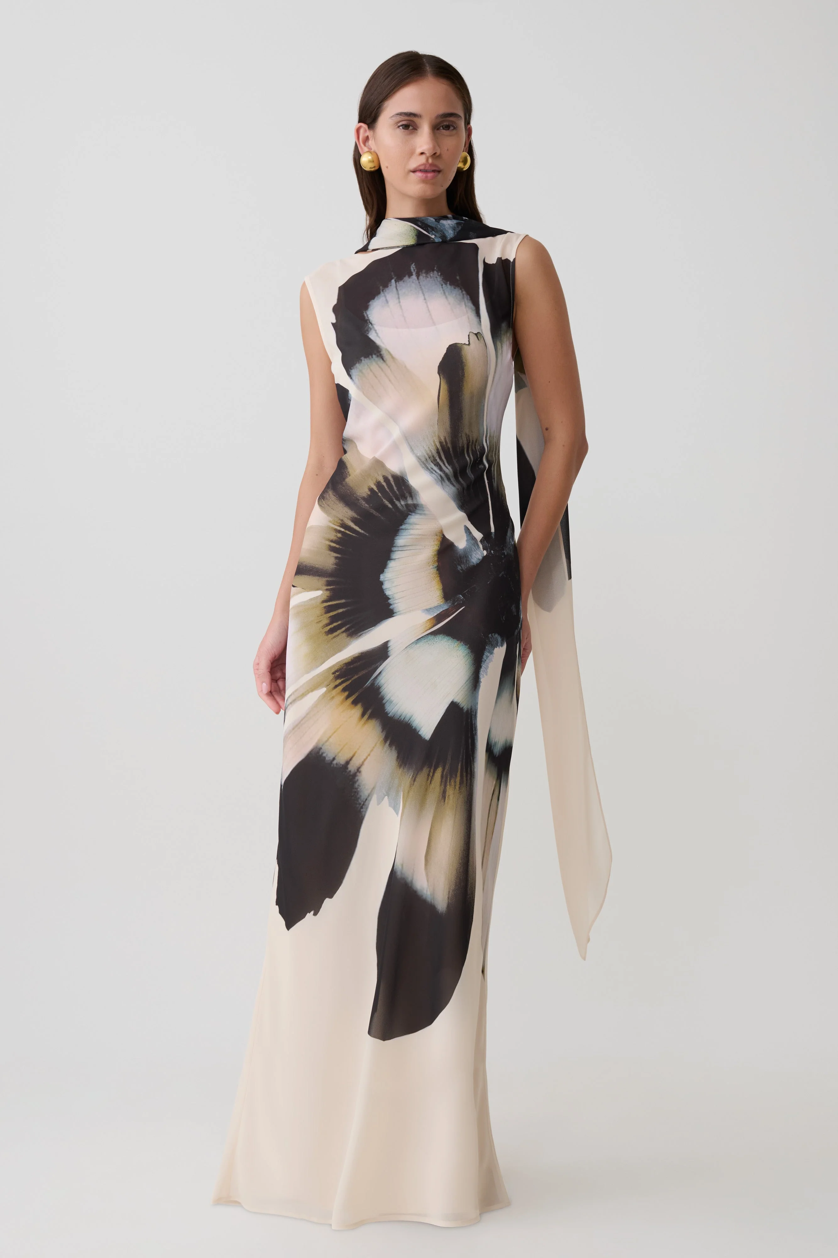 Dakota Chiffon Maxi Dress With Scarf - Ivory Oversized Floral Print