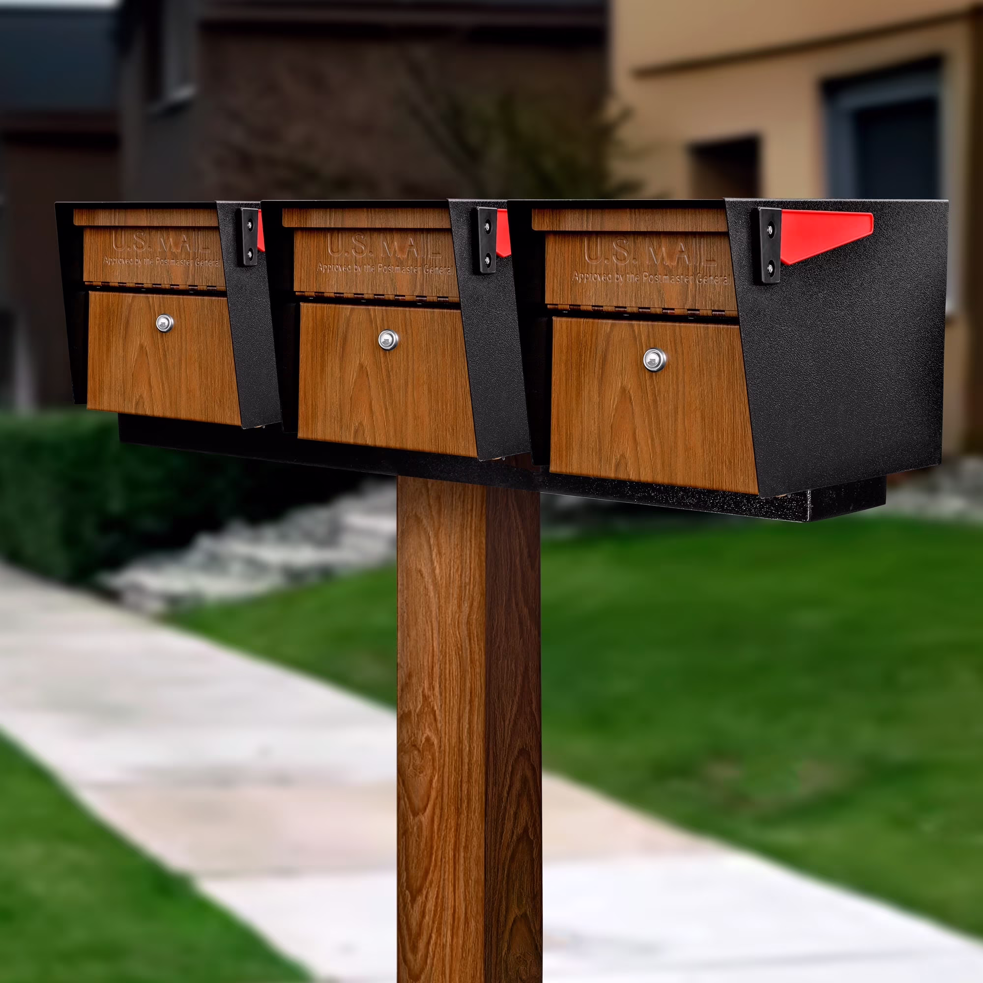 Mail Manager X2 Locking Mailbox Combo Kit w/ In-Ground Post, Wood Grain Black, 2 Way Multi Mount High Security Cluster(2X) - Image 3