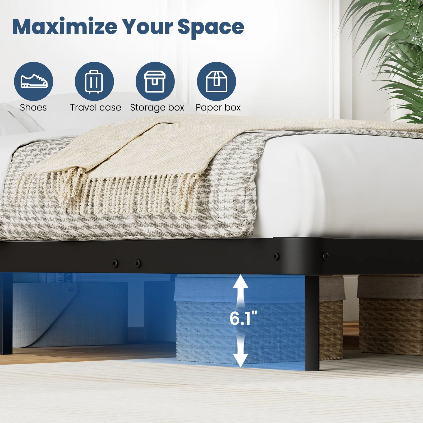 King Size Floating Bed Frame with LED Lights Bed Storage Metal Platform Bed Frames with Steel Slat Support Anti-Slip Easy Assembly, Black(King) - Image 10