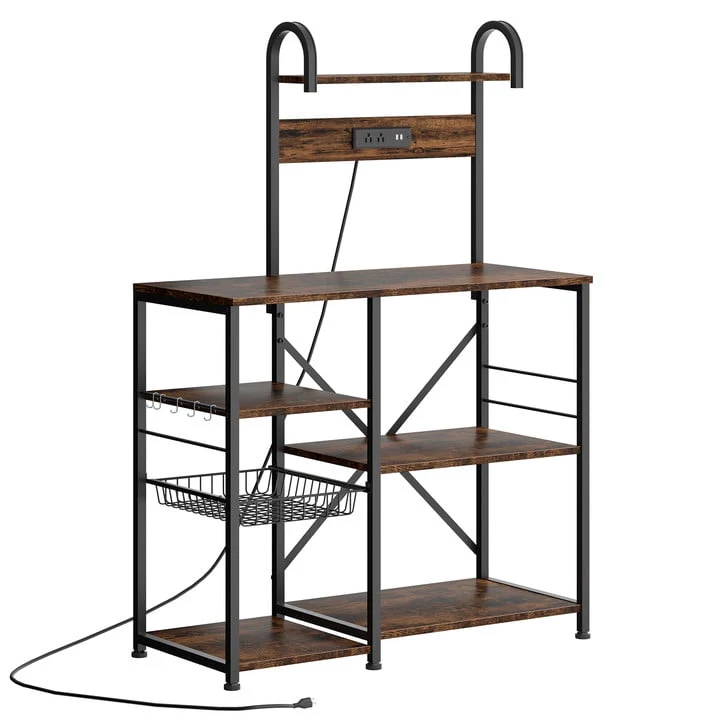 Walsunny Kitchen Bakers Rack with Power Outlet,Industrial Kitchen Island Storage Shelf with 6 Hooks 6 Tier Rack(no power Outlet/Gray)