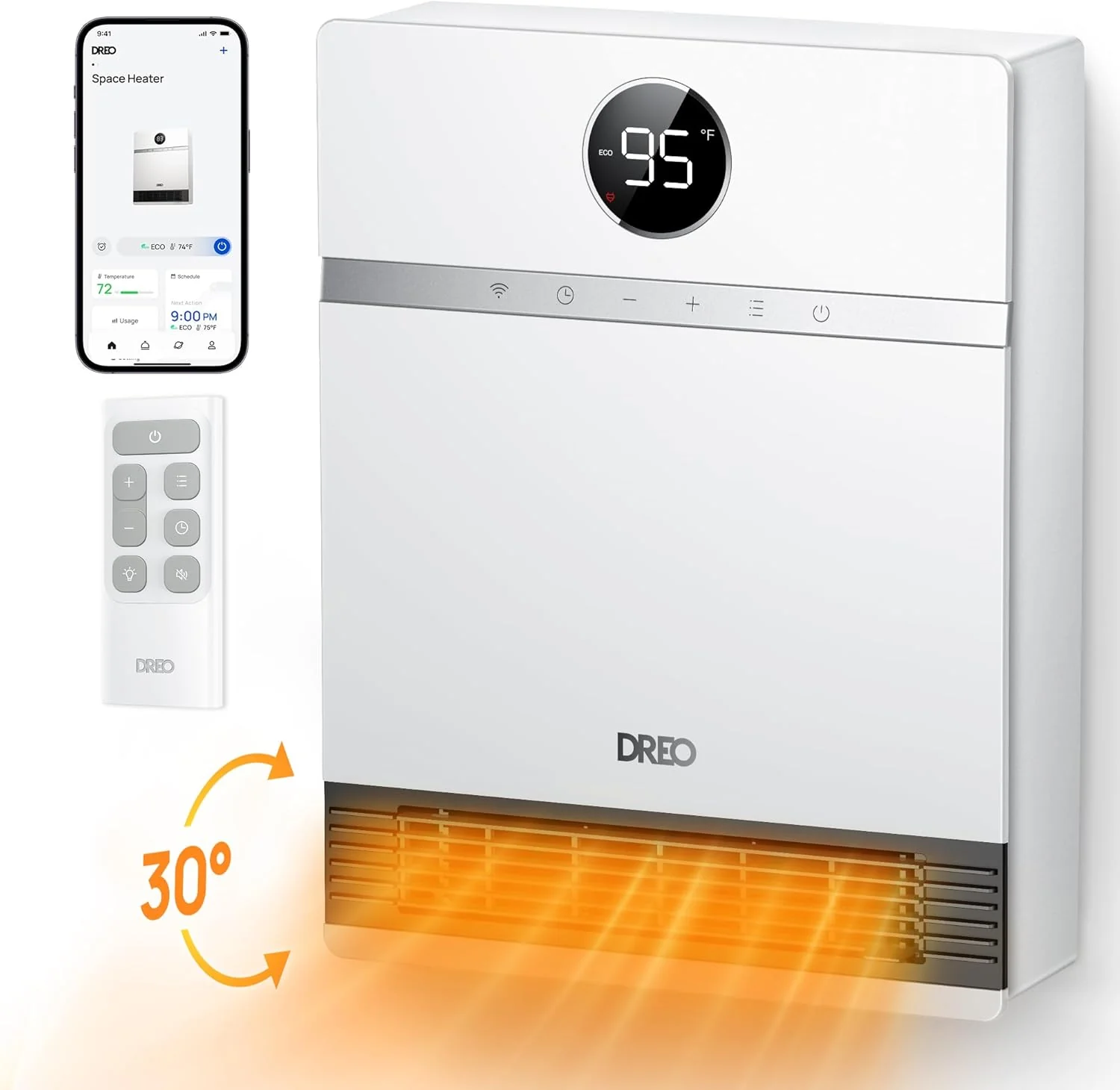 Chauffage mural intelligent Dreo, chauffage d'appoint électrique PTC IP24 pour une utilisation intérieure, oscillation à 30°, thermostat réglable, télécommande, compatible avec Alexa, minuterie 24 h, installation facile pour chambre, bureau, maison