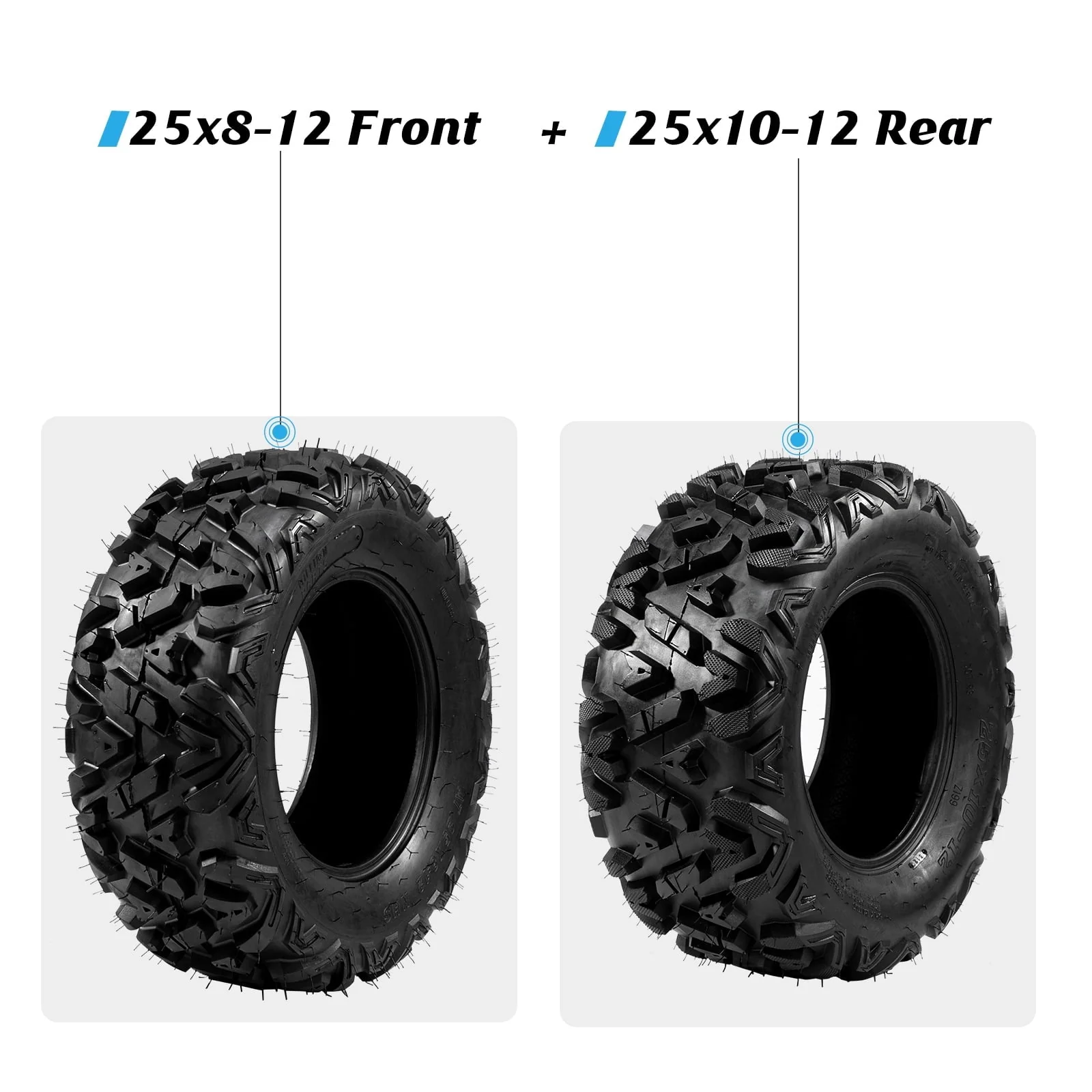 Ktaxon Set of 4 6PR All-Terrain ATV UTV Tires, 25x8 - 12 Front & 25x10 - 12 Rear, Tubeless