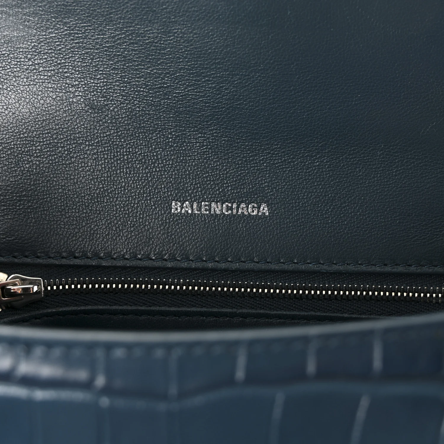 Shiny Calfskin Crocodile Embossed Small Hourglass Top Handle Bag Dark Petrol Blue