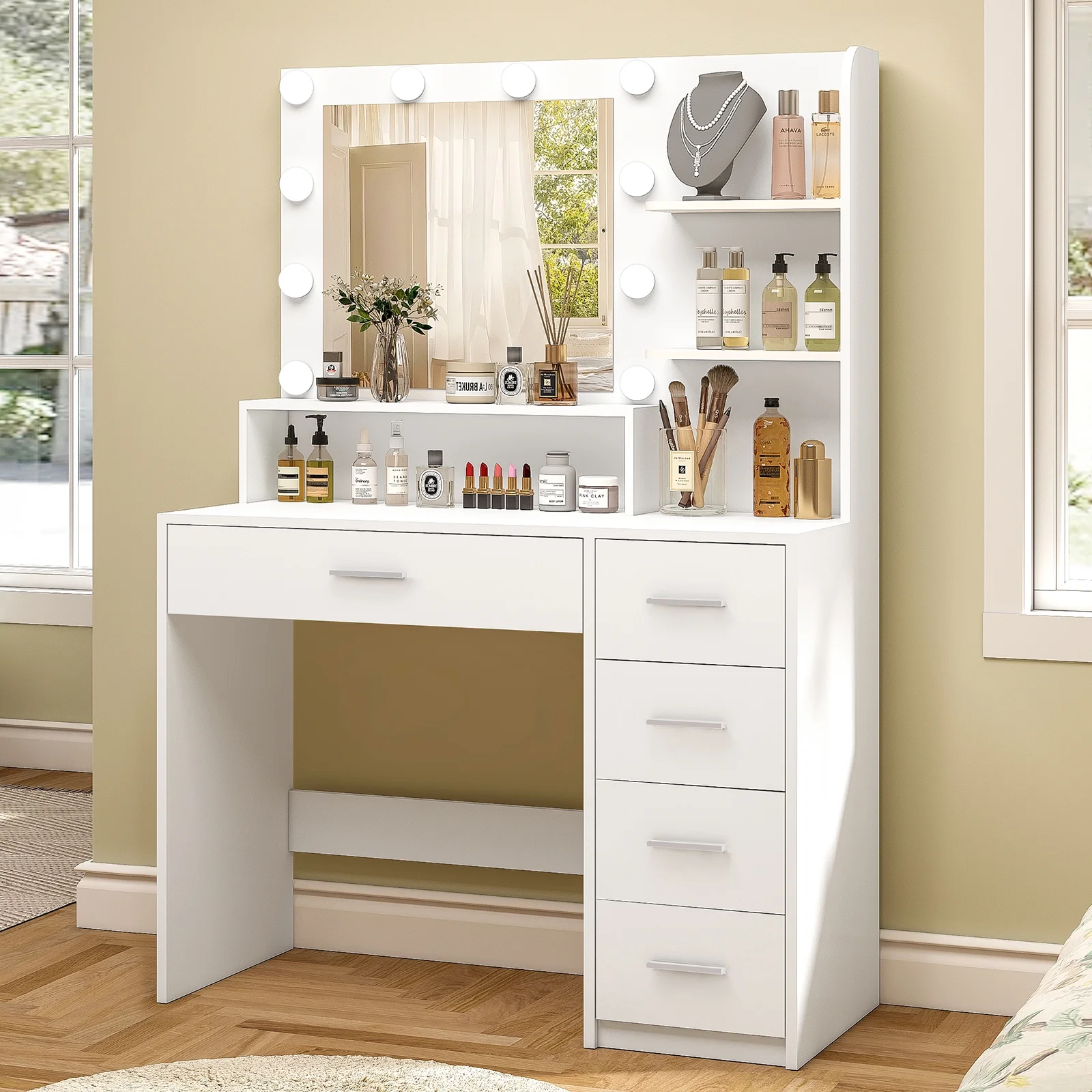 Makeup Vanity Desk with Mirror Lights, Vanity Table with 5 Drawers Storage Shelves, Makeup Vanity , 3 Color Modes Adjustable Brightness Dressing Table, Bedroom, White(White) - Image 5