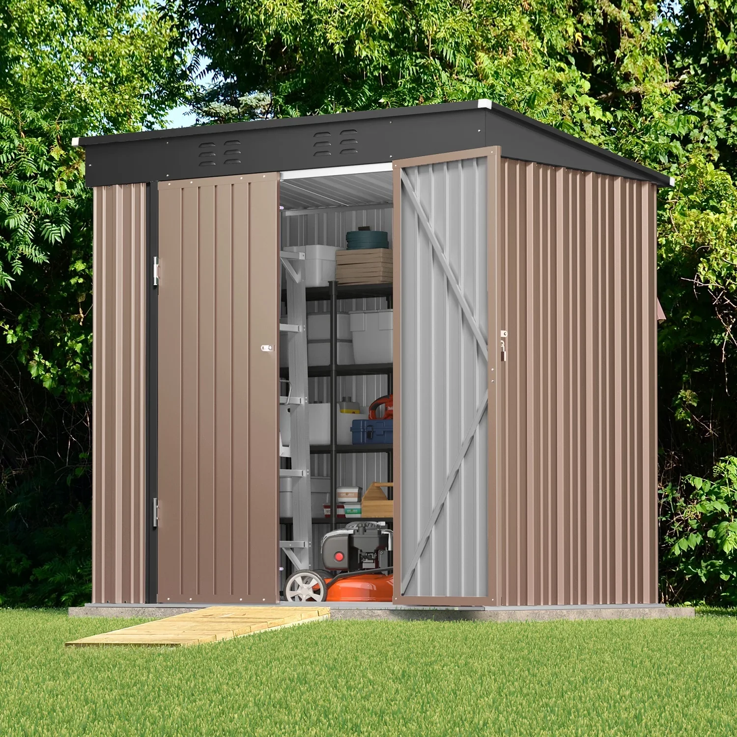Lofka 6x4 FT Outdoor Storage Shed , Metal Garden Sheds & Outdoor Storage with Lockable Door for Backyard, Patio, Lawn, Brown