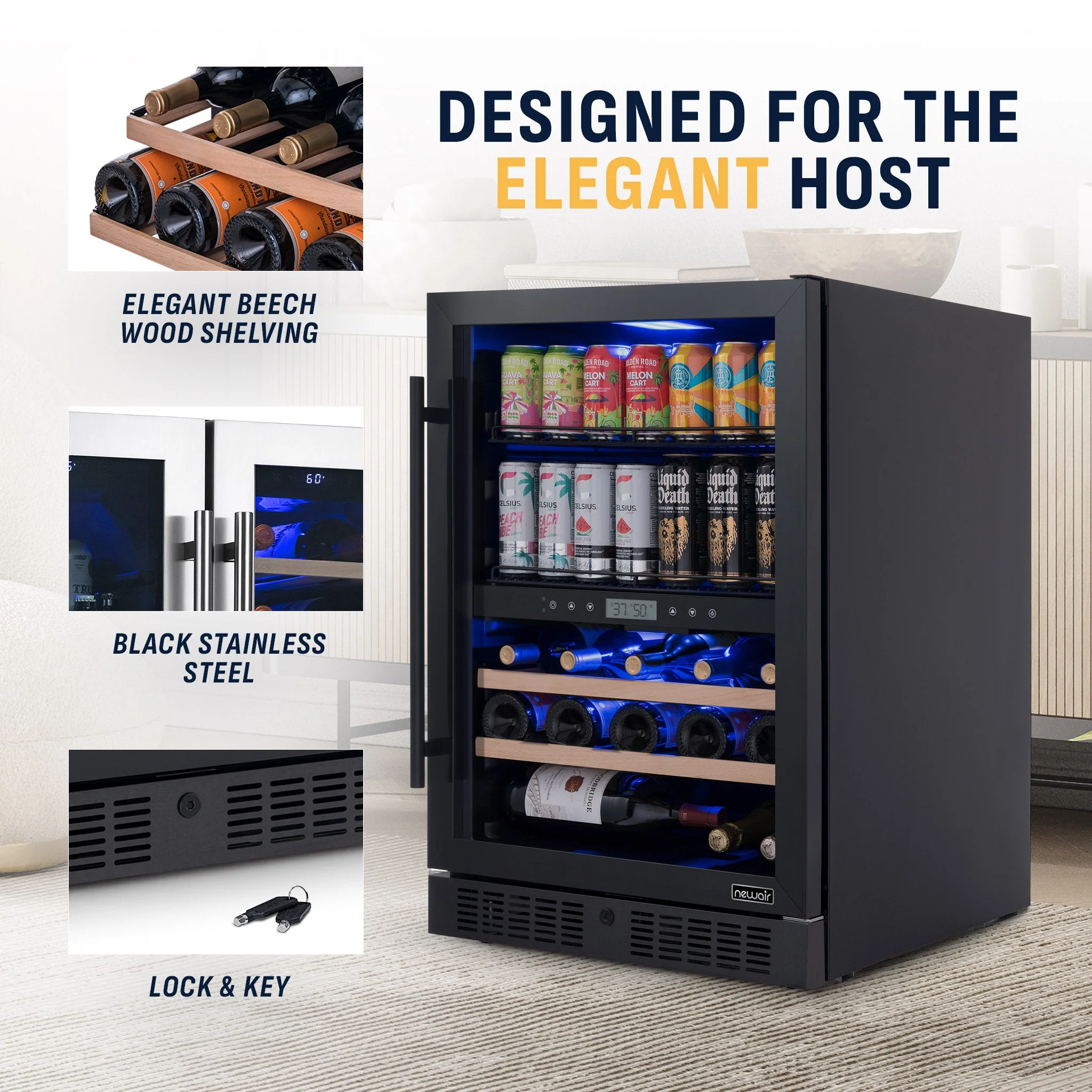 Newair 100-Can, 24-Bottle Built-in Dual Zone Black Beverage Fridge - 24