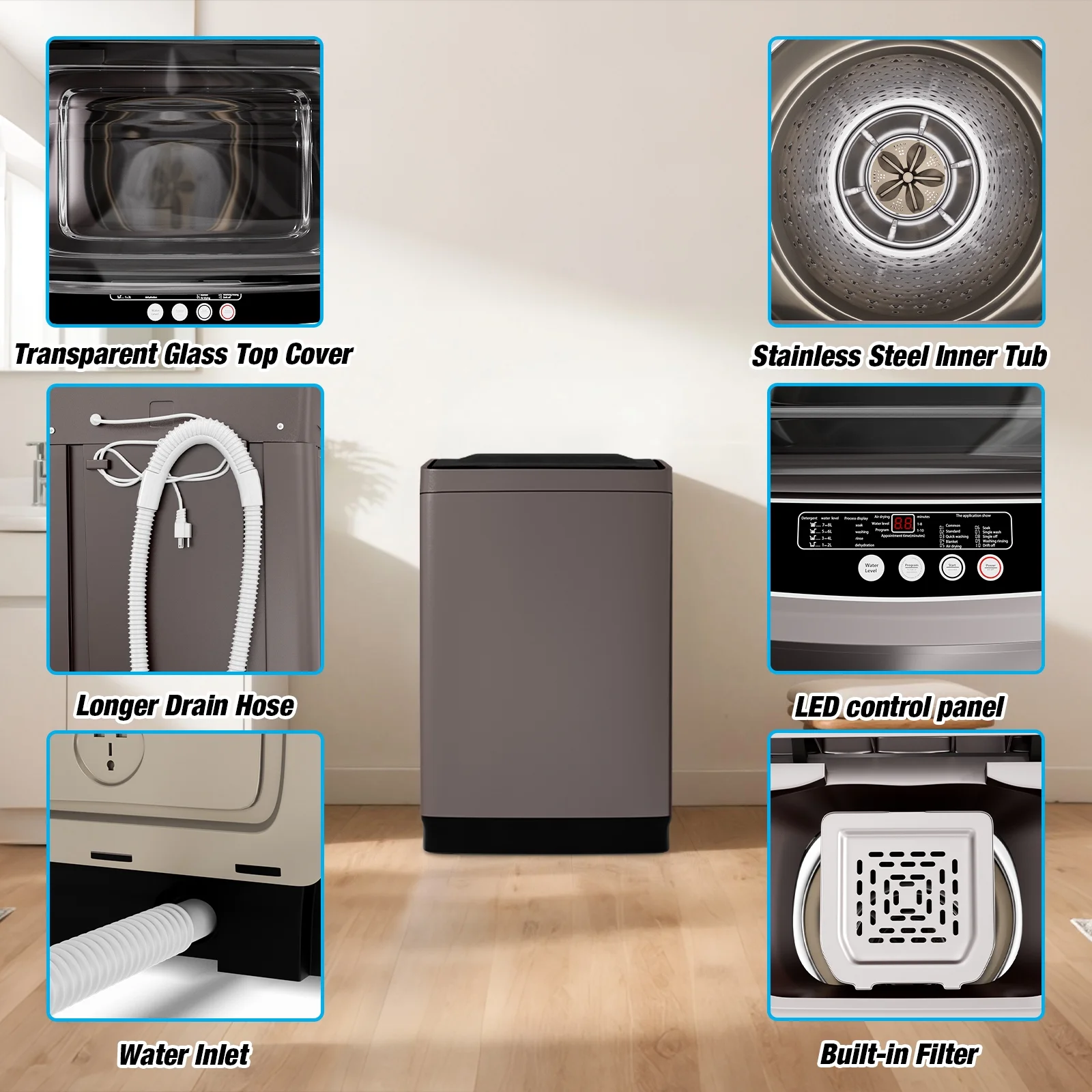 Portable Washer and Dryer Set, 17.6LBS Compact Washing Machine 8.8LBS Compact Dryer(GrayWhite) - Image 7