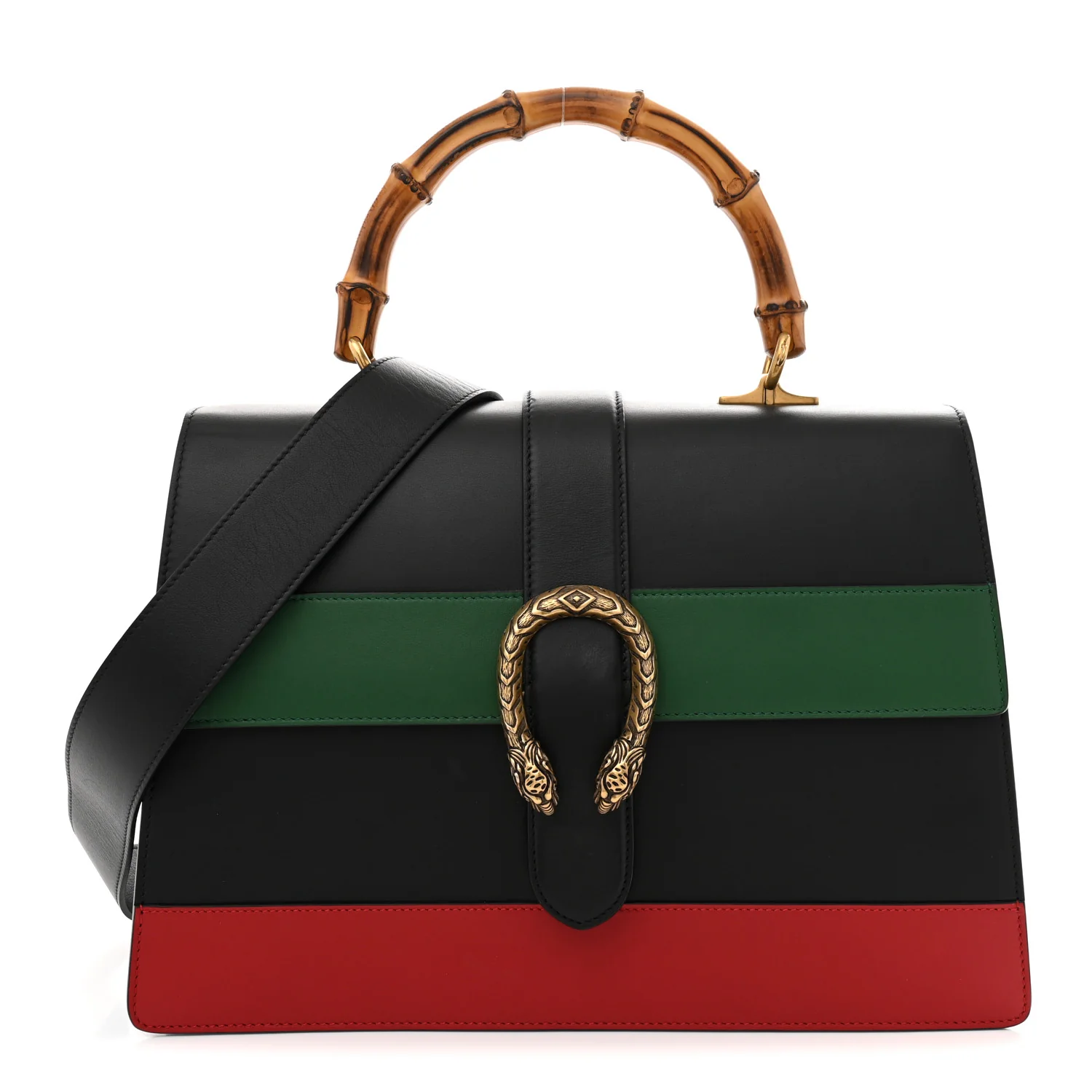 Calfskin Bamboo Web Large Dionysus Top Handle Bag Black Bright Evergreen Hibiscus Red